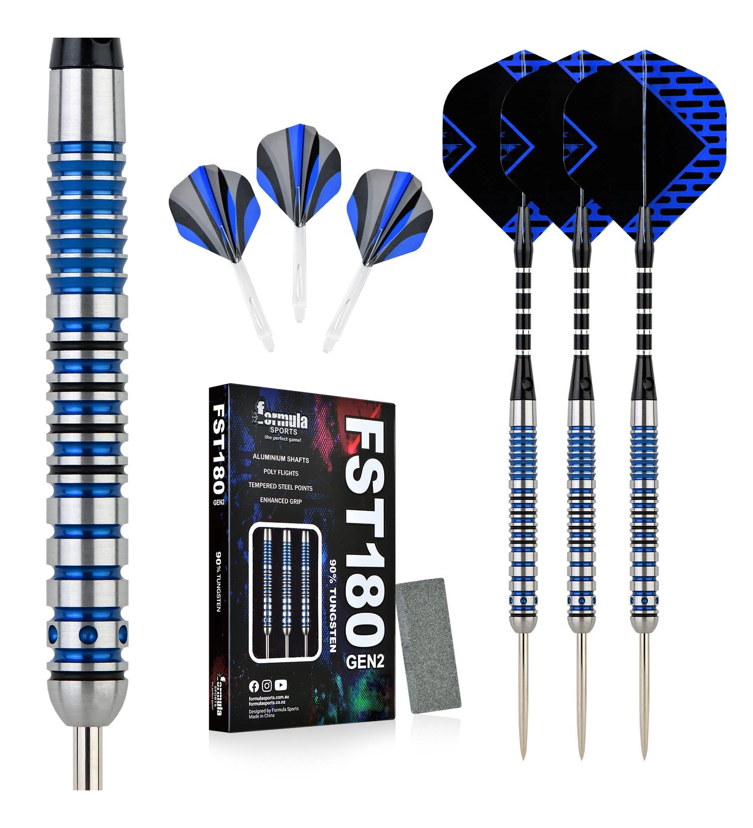 Formula 90% Tungsten Darts Set - 21g/22g/23g/24g Steel Tip with Aluminum Shafts and Dart Sharpener | Premium Tungsten Steel Tip Darts - Complete Metal Tip Set - Buy Online on GoSupps.com