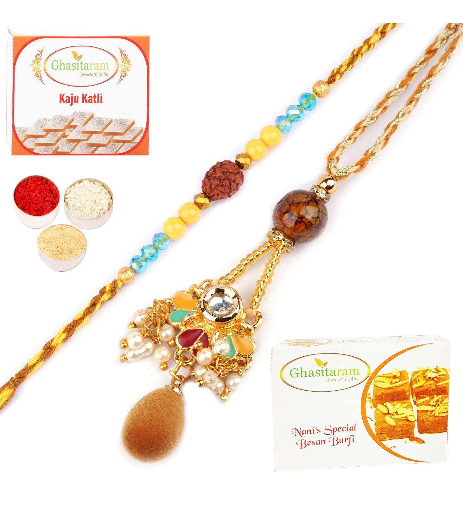 Ghasitaram Gifts Rakhis Online - Rakhi for Brother- RM-166 Bhaiya Bhabhi Rakhi with 200 GMS of Besan Barfi and 200 GMS of Kaju Katli Rakhi Set with 200 gms of Besan Barfi & Kaju Katli - Buy Online on GoSupps.com
