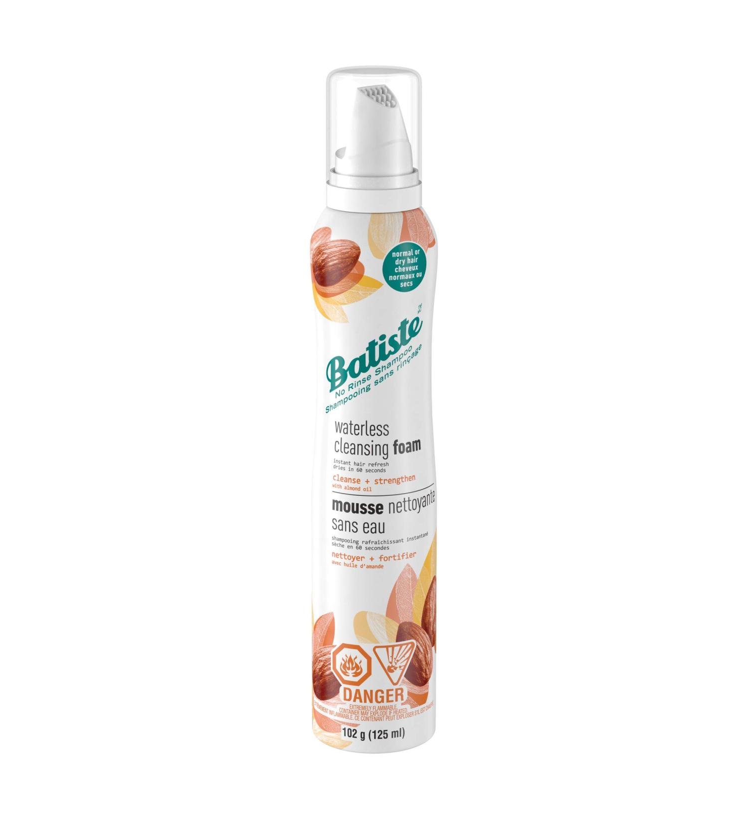 Batiste Waterless Cleansing Foam No Rinse Shampoo Cleanse + Strengthen with Almond Oil 125-ml Batiste Waterless Cleansing Foam Cleanse + Strengthen with Almond Oil 125mL - Buy Online on GoSupps.com