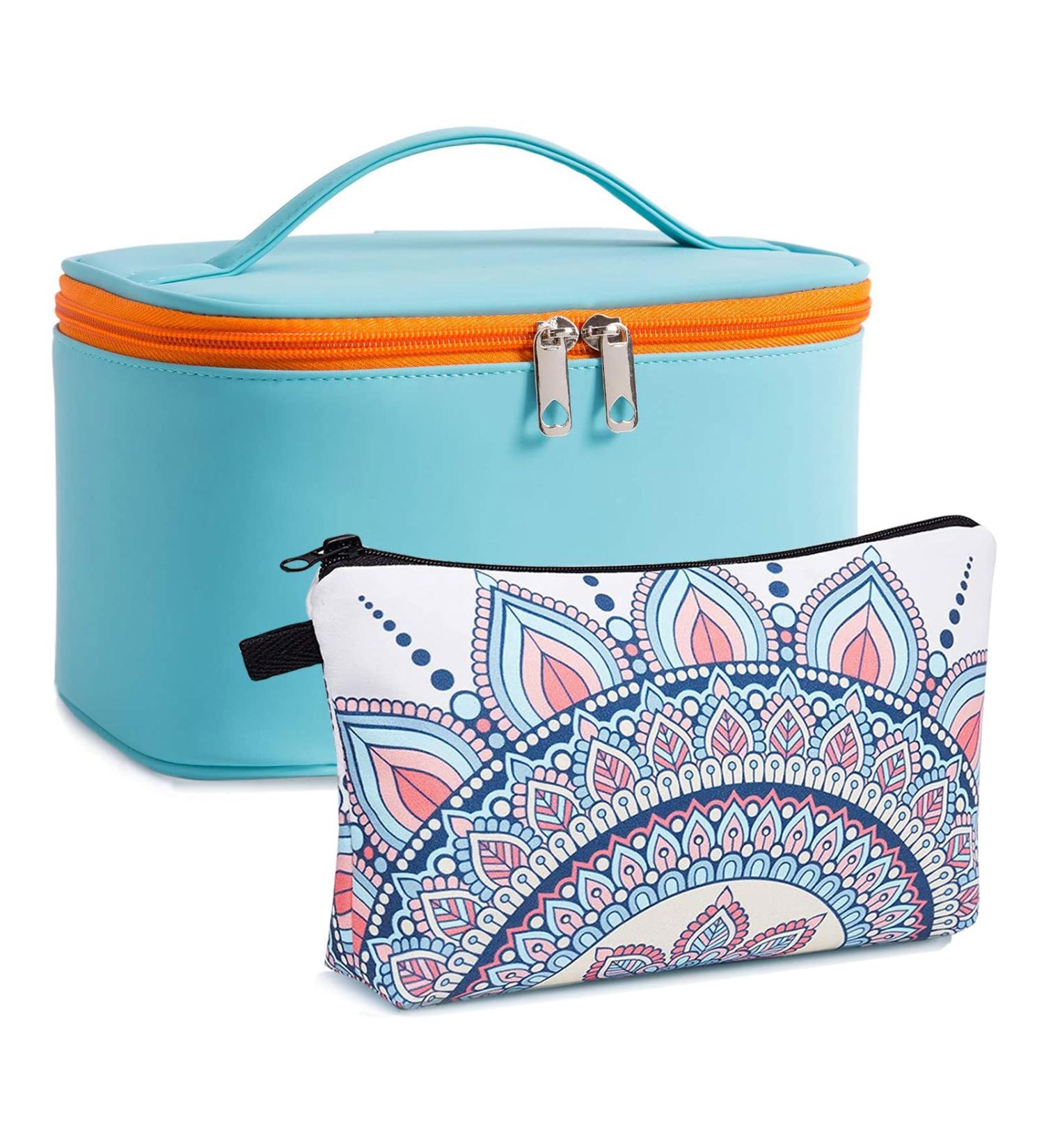 Makeup Bag Set Cosmetic Bag Organizer 2PACK Small Makeup Pouch for Purse for Women Girls (Blue + Geometric White) A:Blue/Geometric - Buy Online on GoSupps.com