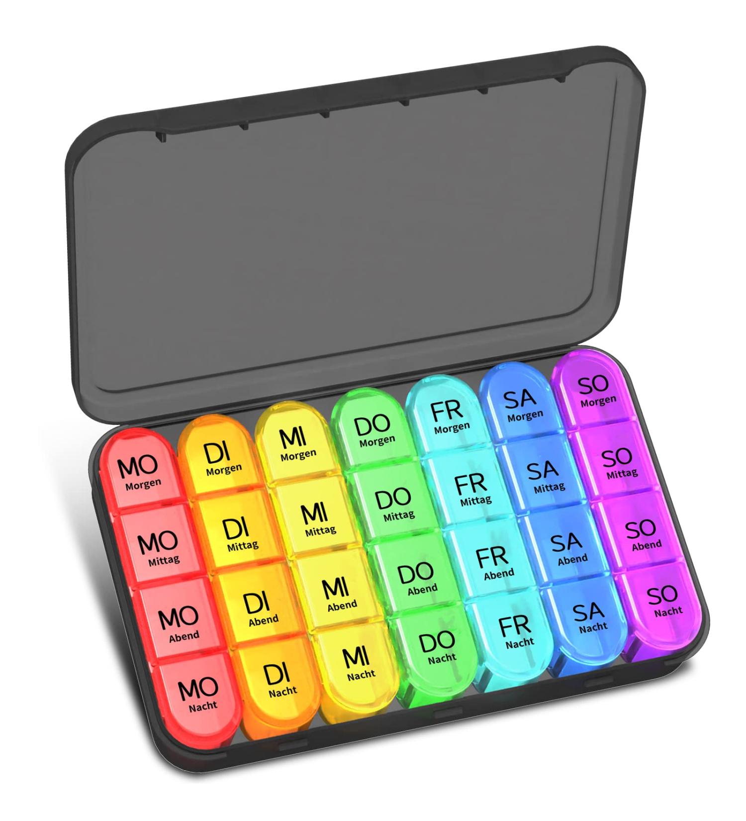 Weekly Pill Box Organizer - 7 Day Medication Storage with 4 Compartments - Large Black Tablet Case for Easy Evening and Night Dosing - Buy Online on GoSupps.com