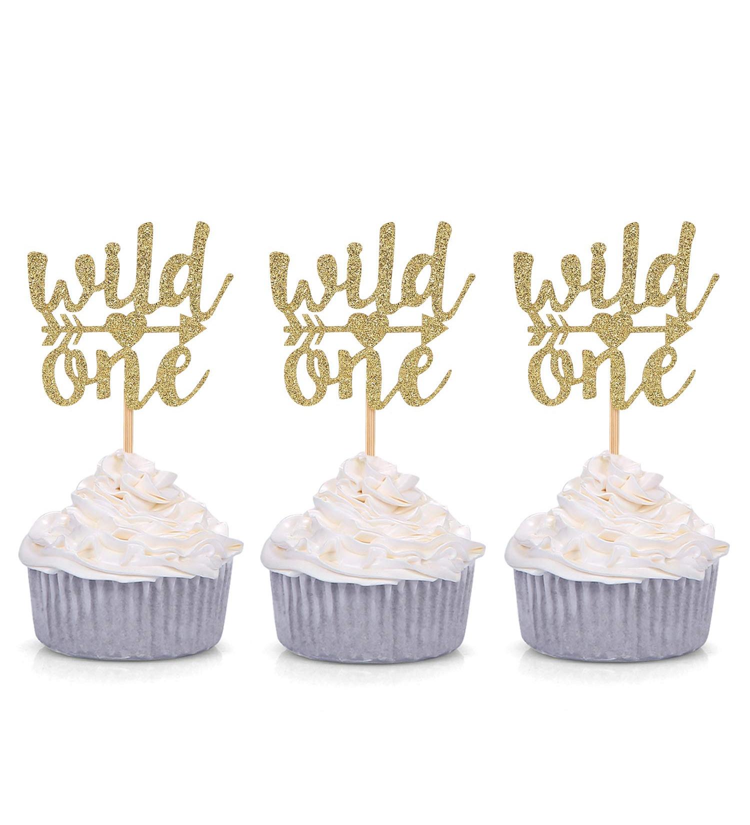Set of 24 Glitter Gold Wild One Cupcake Toppers Boho Party Baby'sBirthday Decors - by Giuffi
