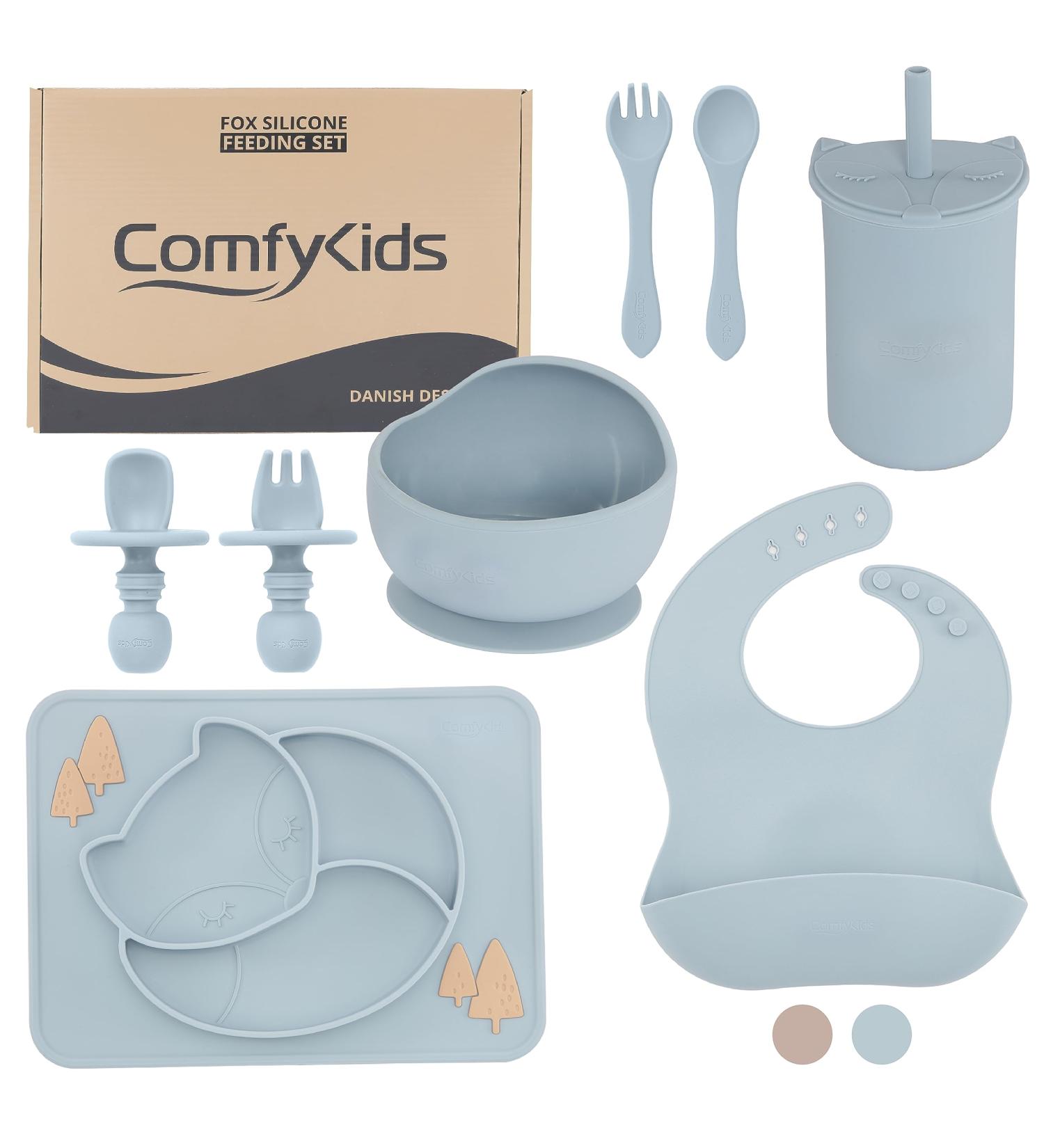 Adjustable Bib with Silicone Feeding Set for Babies and Toddlers - Blue (8 pcs) - Buy Online on GoSupps.com