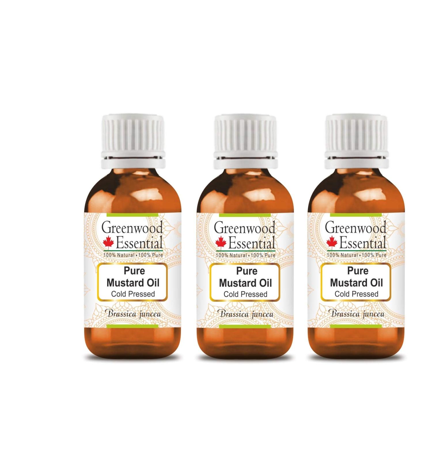 Natural Mustard Oil - Greenwood Essential Cold-Pressed Mustard Oil (Pack of 3 x 100ml) - Therapeutic Quality Brassica Juncea - International Shipping Available - Buy Online on GoSupps.com