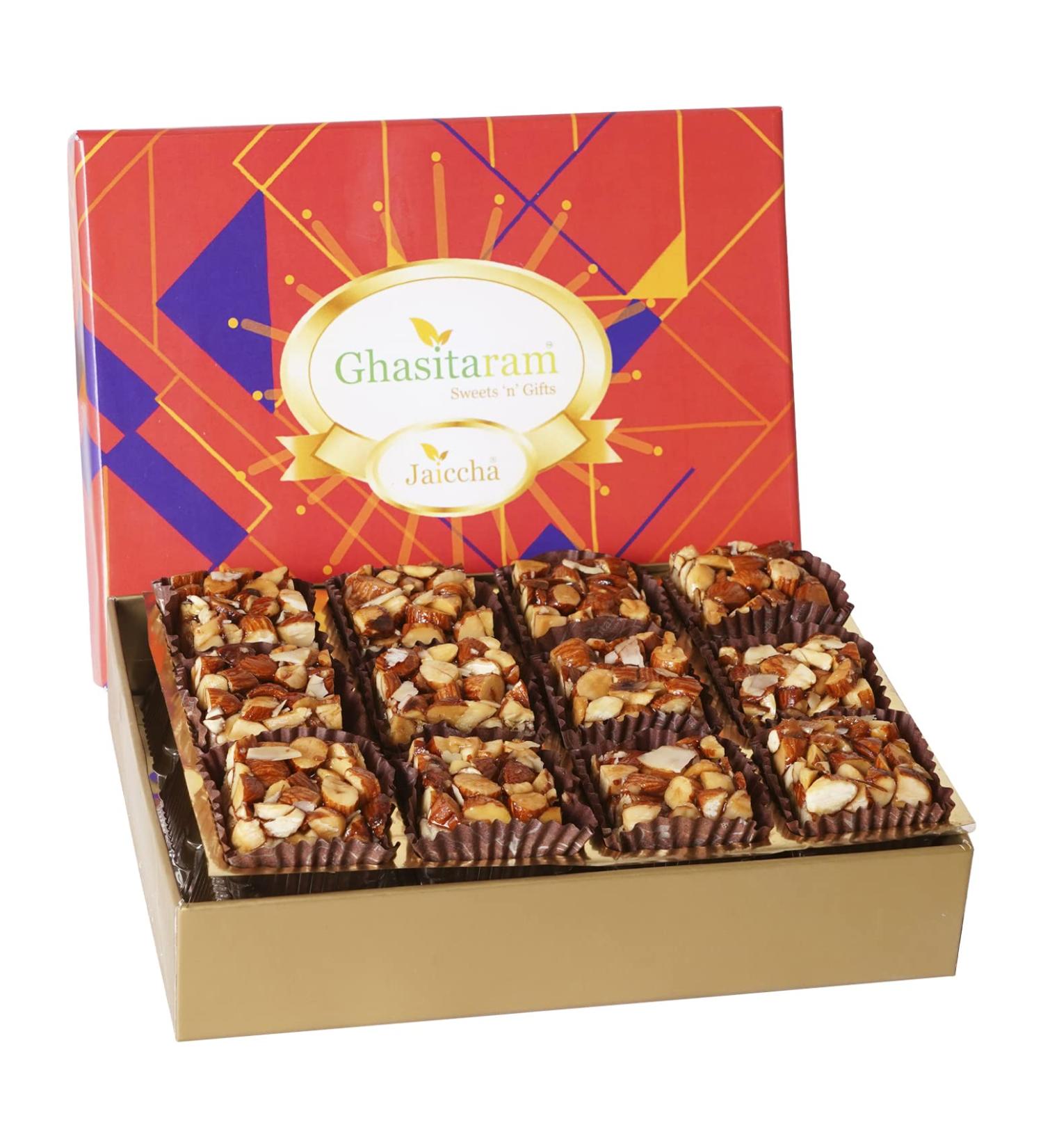 Ghasitaram Gifts Jaiccha Sugarfree Almond Delight in Premium Box 12 pcs |Diwali Gifts Holi Rakhi Valentine Christmas Birthday Anniversary Gift for Her Him Mothers Day Fathers Day| - Buy Online on GoSupps.com