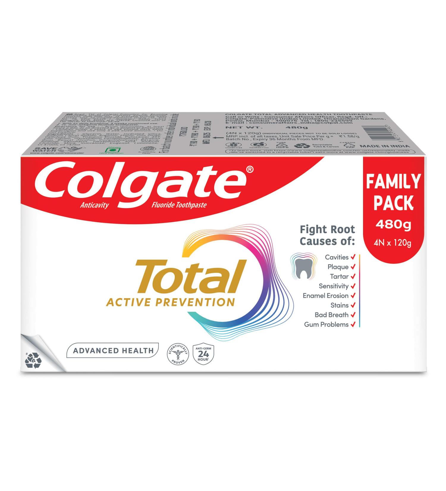 Colgate Total Advanced Health Toothpaste Toothpaste with 12-Hour Protection Whole Mouth Health Pack of 4 (120g/4.2oz x 4 480g/17oz) - Buy Online on GoSupps.com