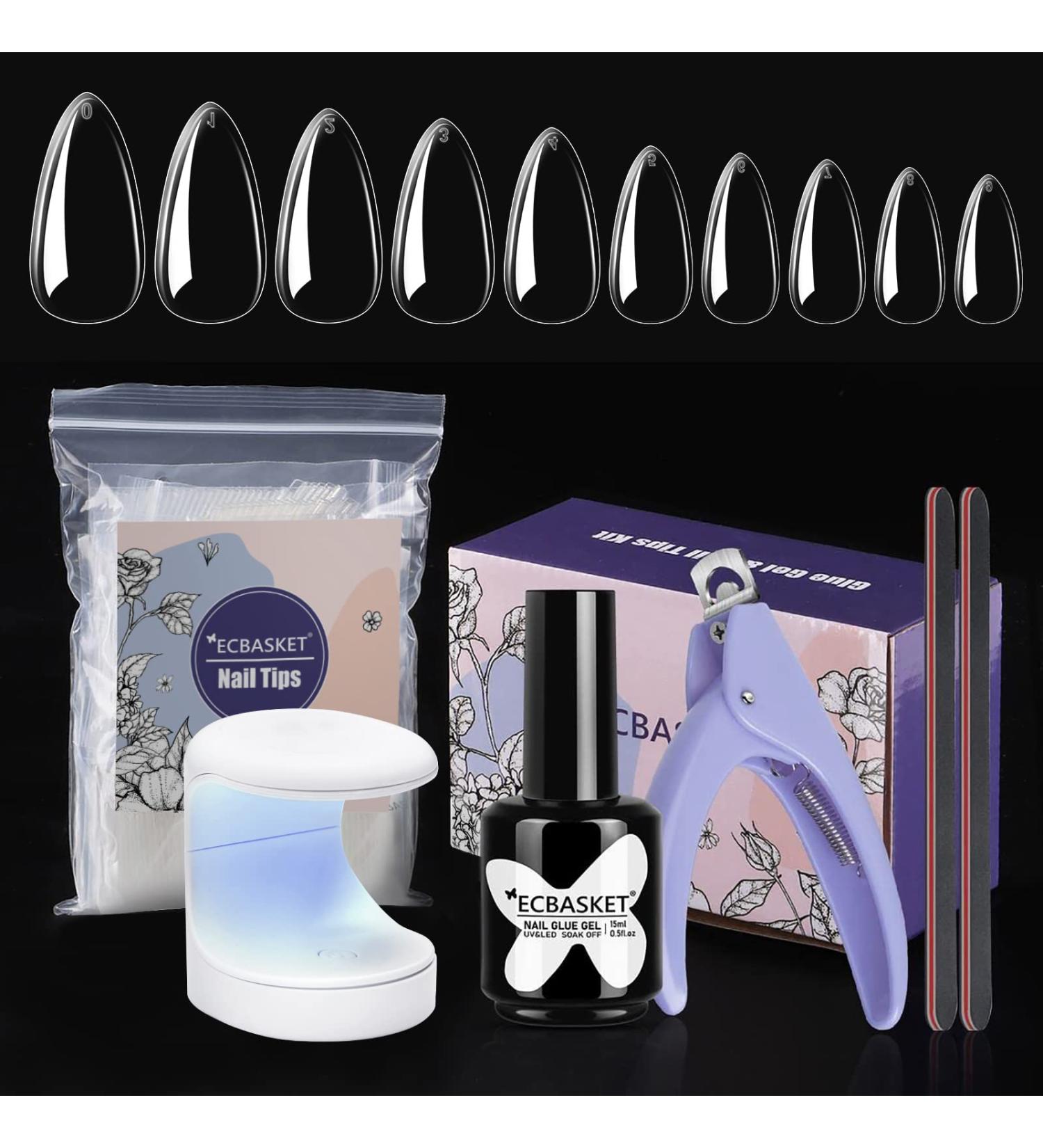 ECBASKET Nail Gel Glue & Tips Kit - 15ML 4-in-1 Gel, 500Pcs Almond Nail Tips, Mini Lamp & DIY Tools - Buy Online on GoSupps.com