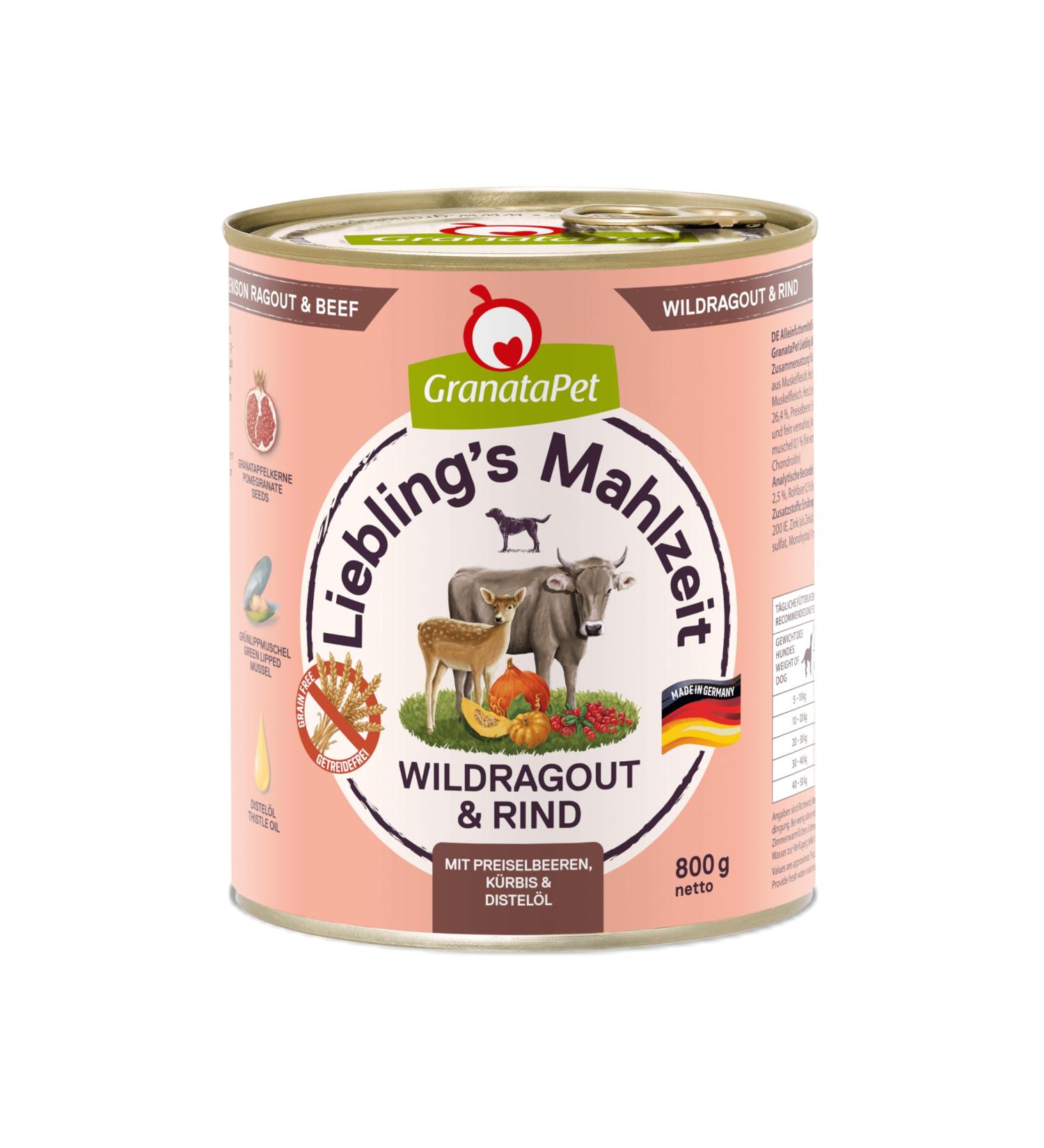 Granatapet Liebling's Meal Wildragout & Rind - Grain-Free Wet Dog Food (6 x 800g) | Sugar-Free Single Feed Beef Formula - Buy Online on GoSupps.com