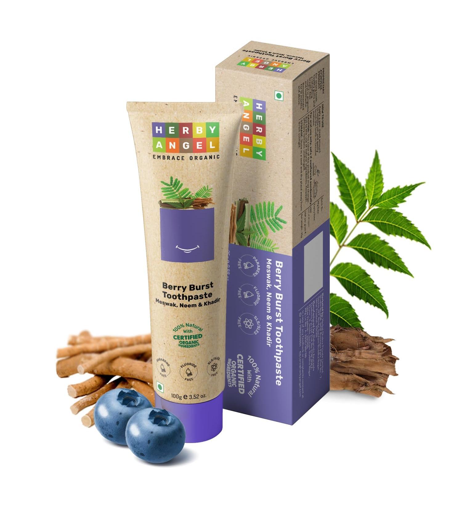 Herby_Angel Baby Toothpaste Berry Burst - Herbal Kids Oral Care Toothpaste with Neem Khadir & Meswak - Promotes Strong Teeth & Healthy Gums for Toddlers & Babies 12 Months & Above - 100 Gm - Buy Online on GoSupps.com