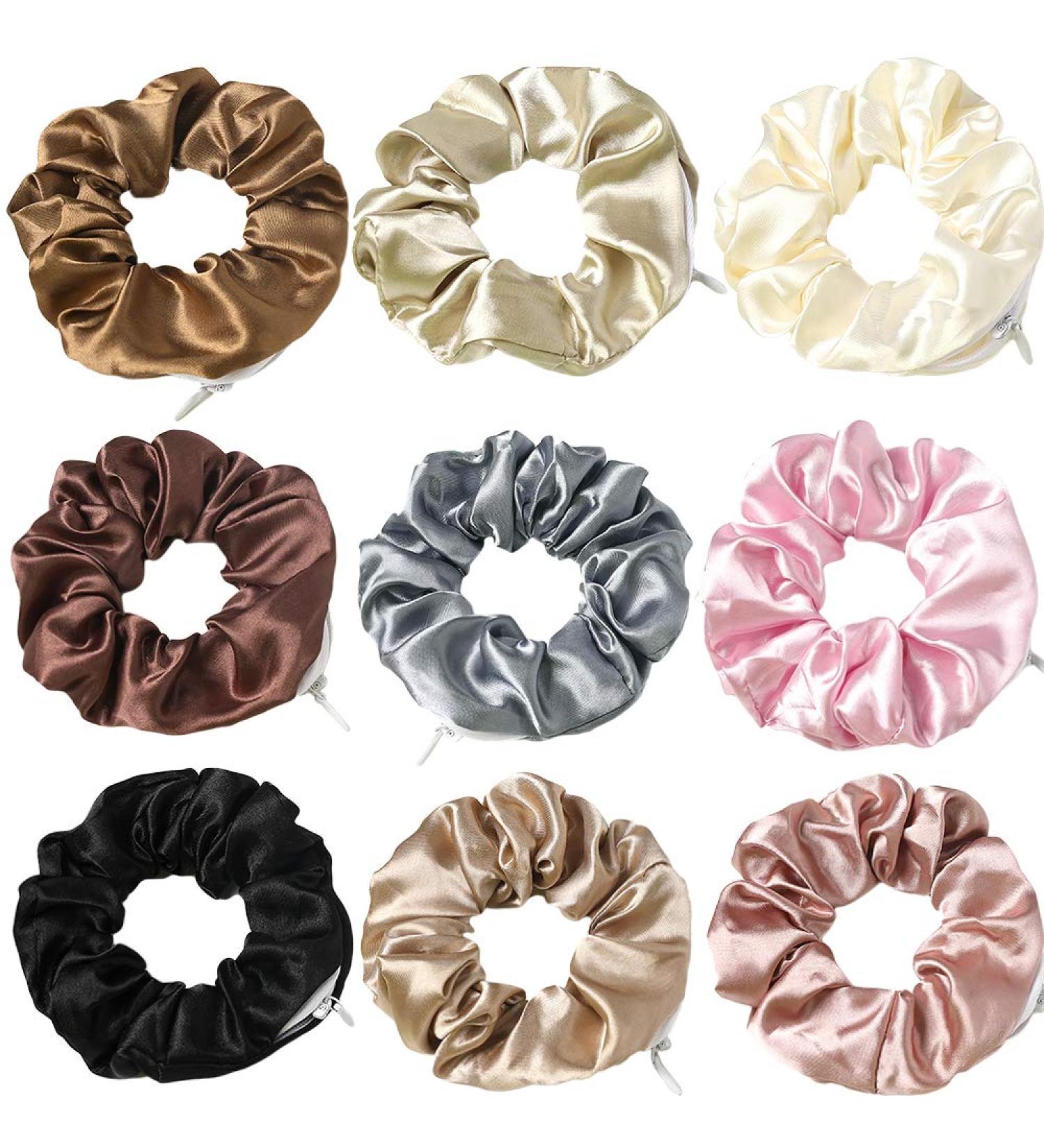 Premium Silk Pocket Hair Scrunchies with Zipper Pocket - 9 Pcs Silk Satin Hair Bands for Women | Secret Zipper, Hidden Pocket, Soft Elastic Ties - Vsco Girl Stuff - Buy Online on GoSupps.com