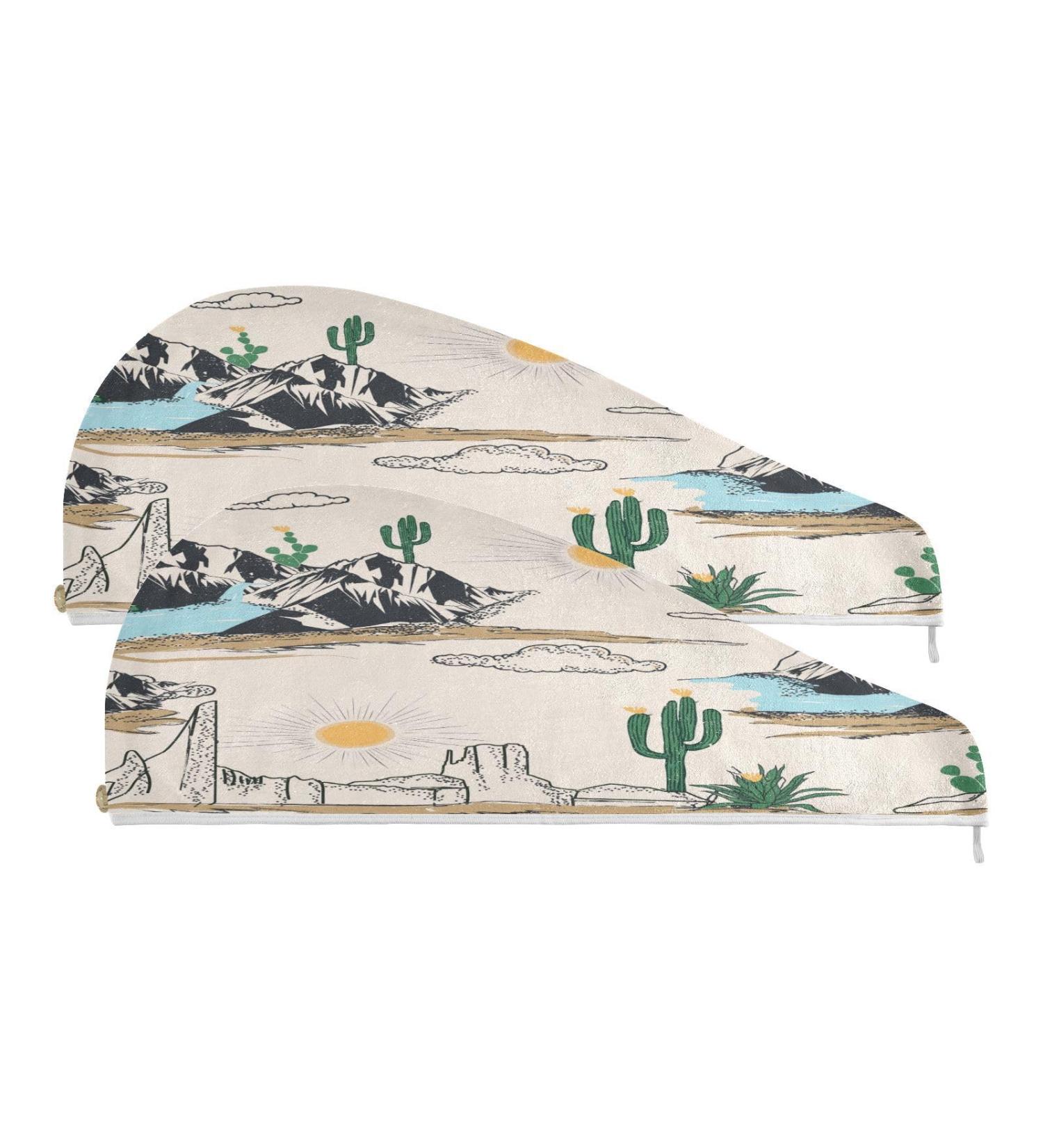 Western Desert Landscape Dry Hair Cap - 2 Piece Quick Drying Towel Set with Button Headband | Super Absorbent & Soft Comfort - Buy Online on GoSupps.com