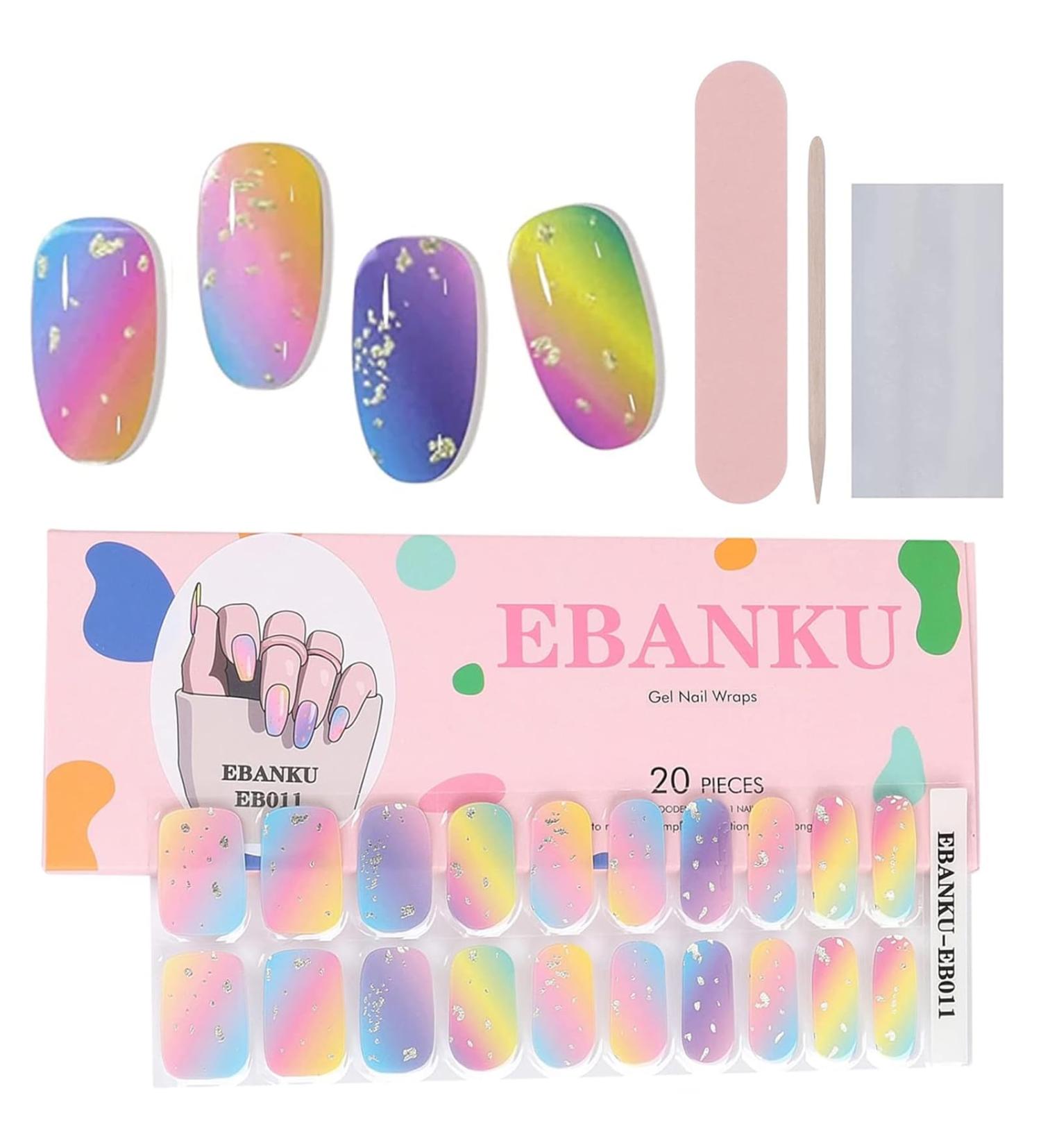 EBANKU Semi Cured Gel Nail Strips 20 Stickers Colorful Rainbow Gel Nail Polish Stickers Wraps Adhesive Gel Nail Stickers with Nail File Stick and Sealing Strip (UV/LED Lamp Required) - Buy Online on GoSupps.com
