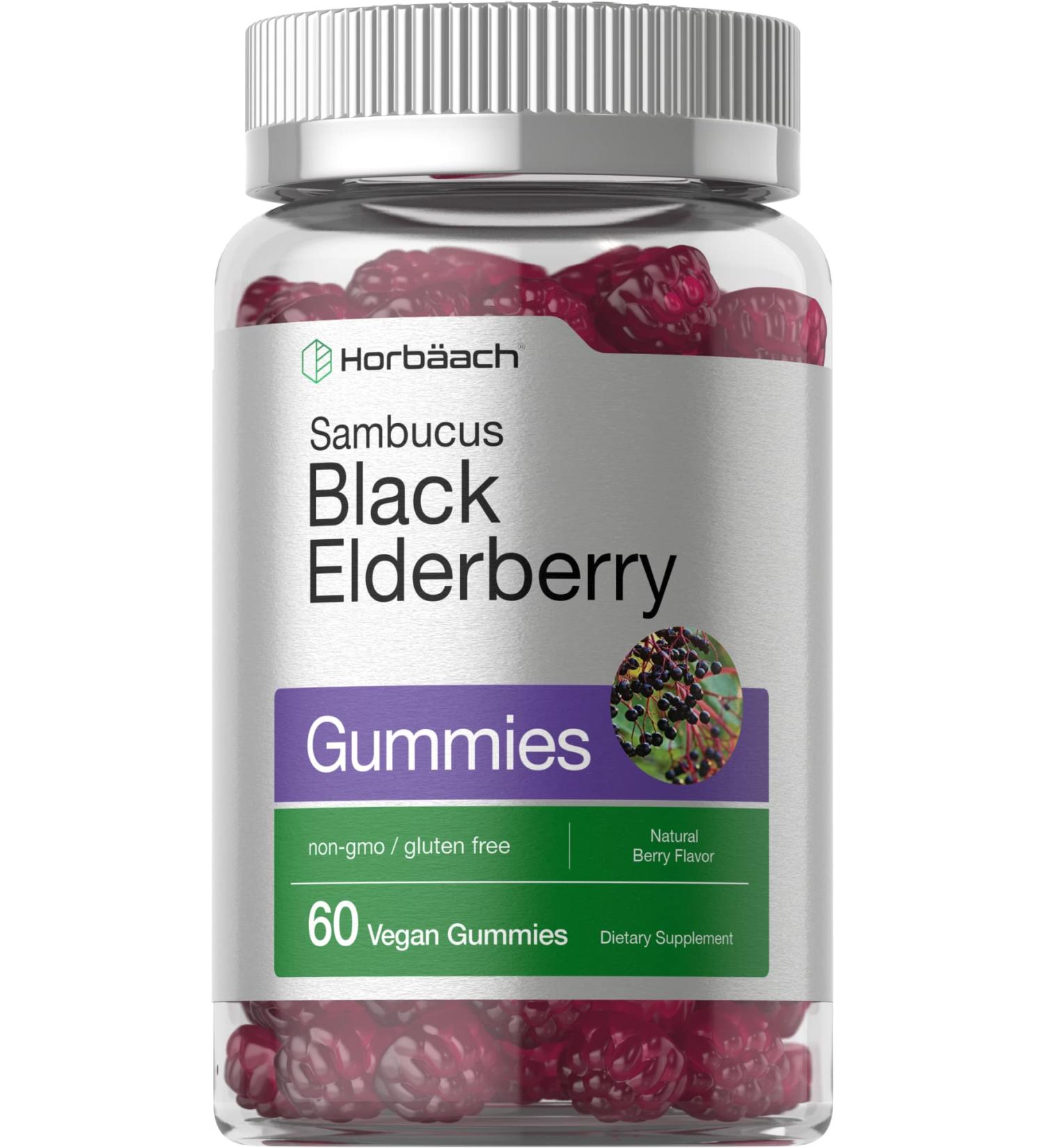 Sambucus Black Elderberry Gummies with Zinc and Vitamin C - 60 Count | Vegan, Non-GMO, Gluten Free Extract for Adults | Natural Berry Flavor by Horbaach - Buy Online on GoSupps.com