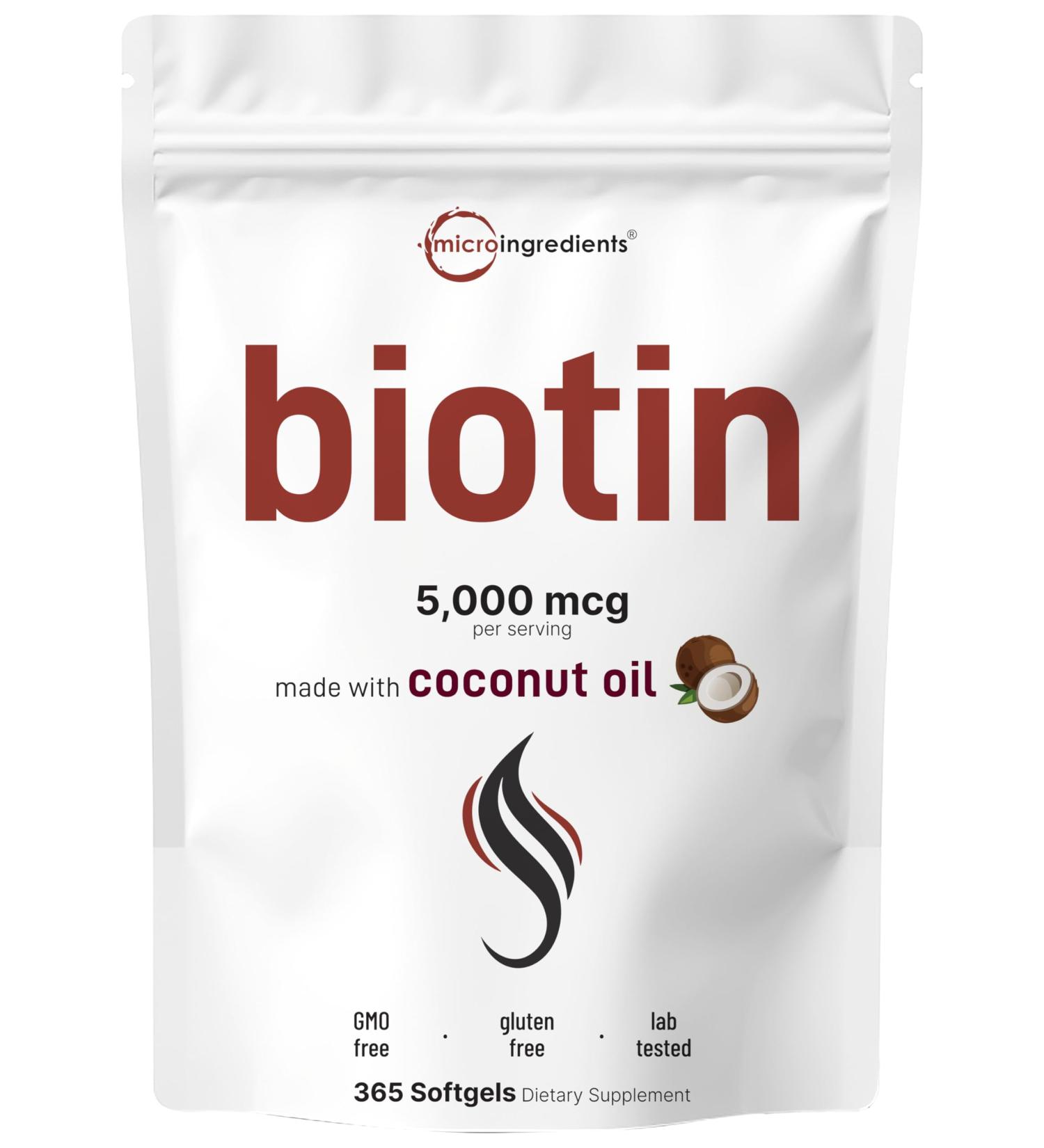 Micro Ingredients Biotin 5 000mcg | 365 Virgin Coconut Oil Softgels Fast Release One Year Supply | Supports Healthy Hair Skin & Nails | Non-GMO No Gluten - Buy Online on GoSupps.com