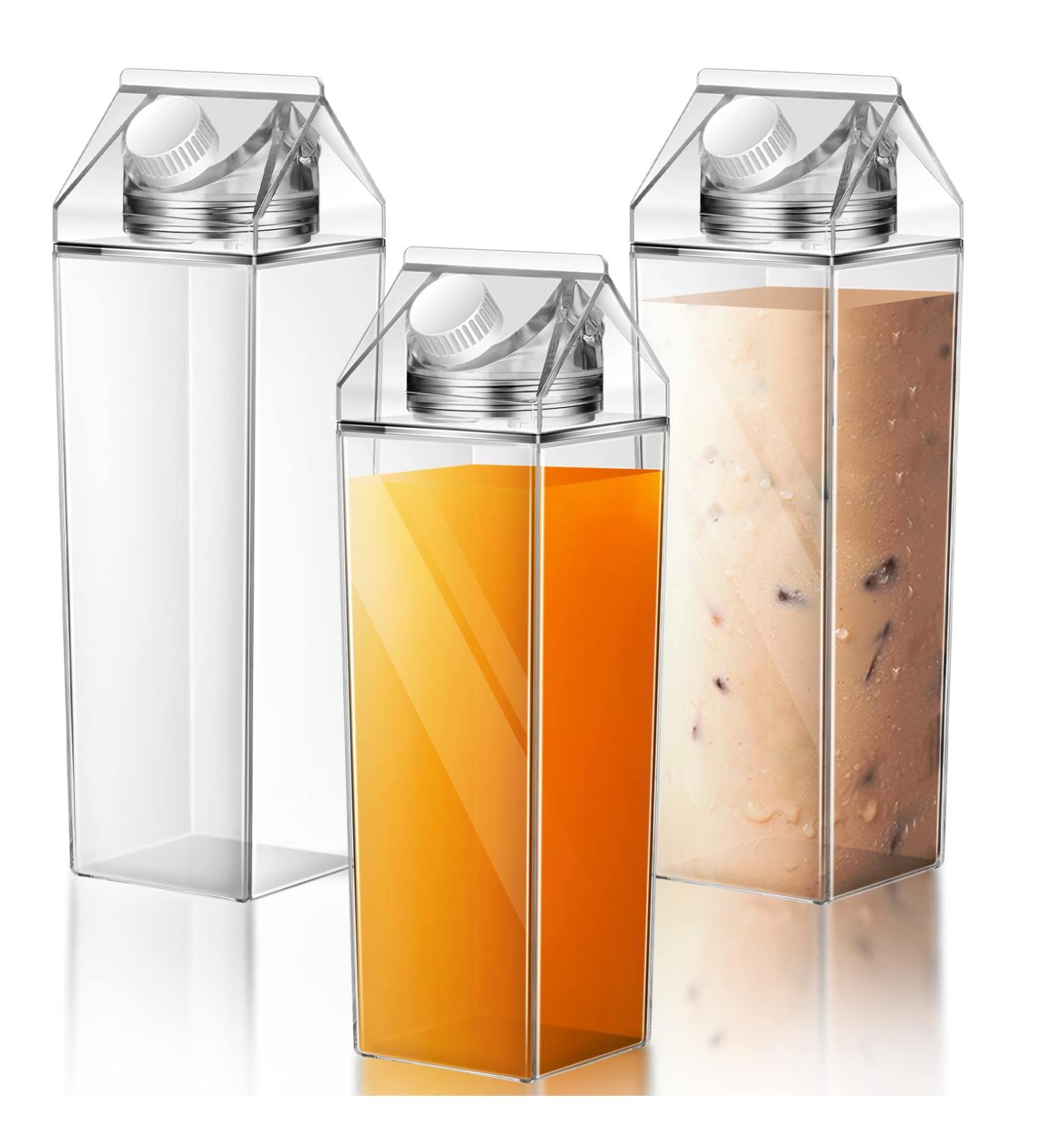 3 Pcs 34 oz Milk Carton Water Bottles - Clear Square Plastic Bottles for Coffee, Milk, Juice - Portable & Reusable Leakproof Cups for Outdoor Sports, Camping, Gym - Buy Online on GoSupps.com