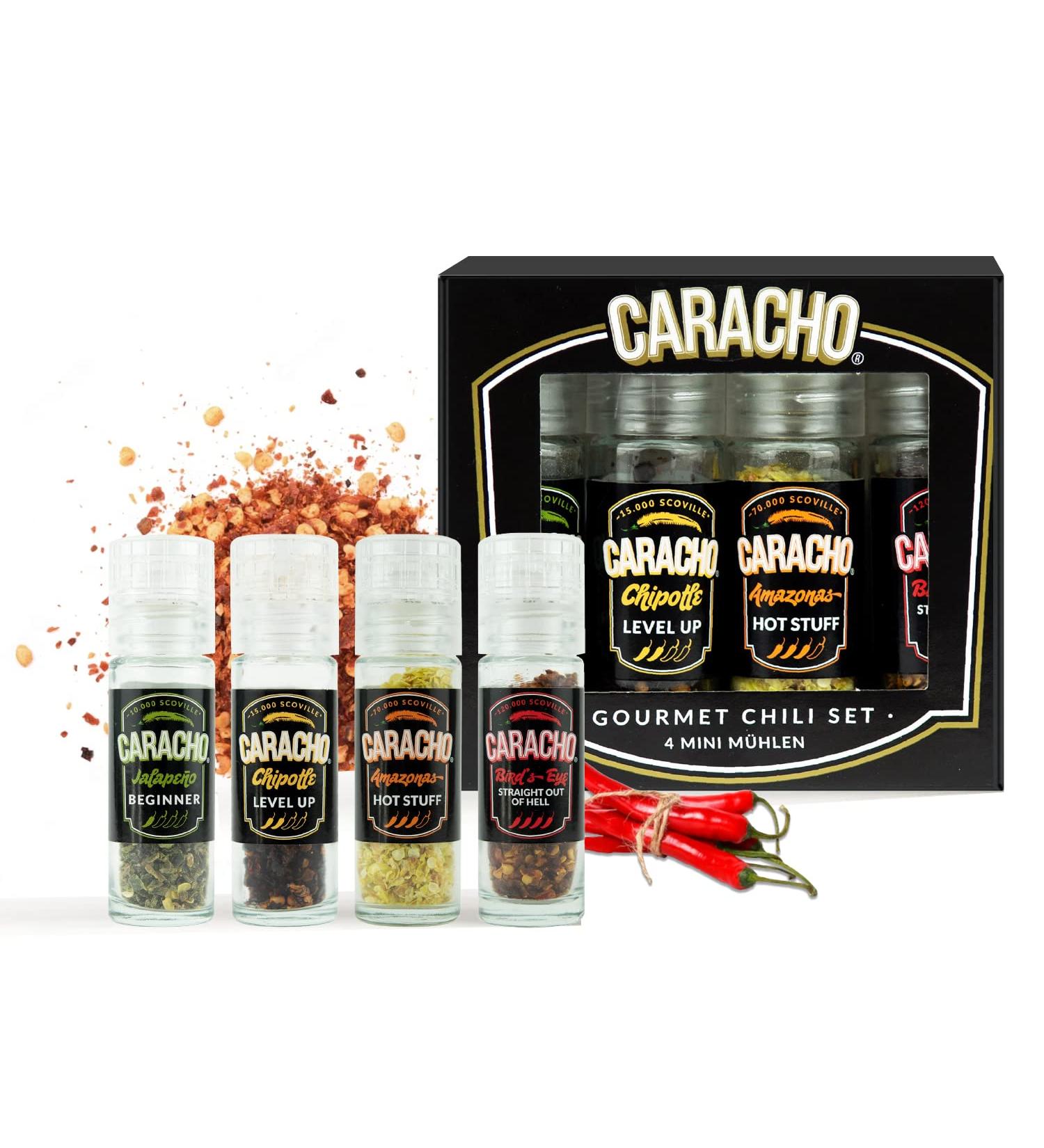 Caracho Chili M hlen Gourmet Set - 4 Mini Mills Gift Set with High-Quality Chili Flakes & Varied Sharpness - Perfect for Spice Lovers - Buy Online on GoSupps.com
