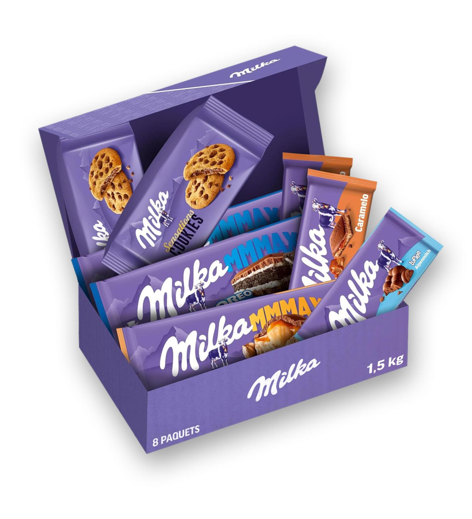Milka Chocolate and Biscuits Selection Box Assortment of Chocolate and Biscuits Milka Tablets: Bubbly Alpine Milk Caramel MMMAX Caramel and Hazelnuts MMMAX Oreo Sensations Cookies 1.5 kg - Buy Online on GoSupps.com