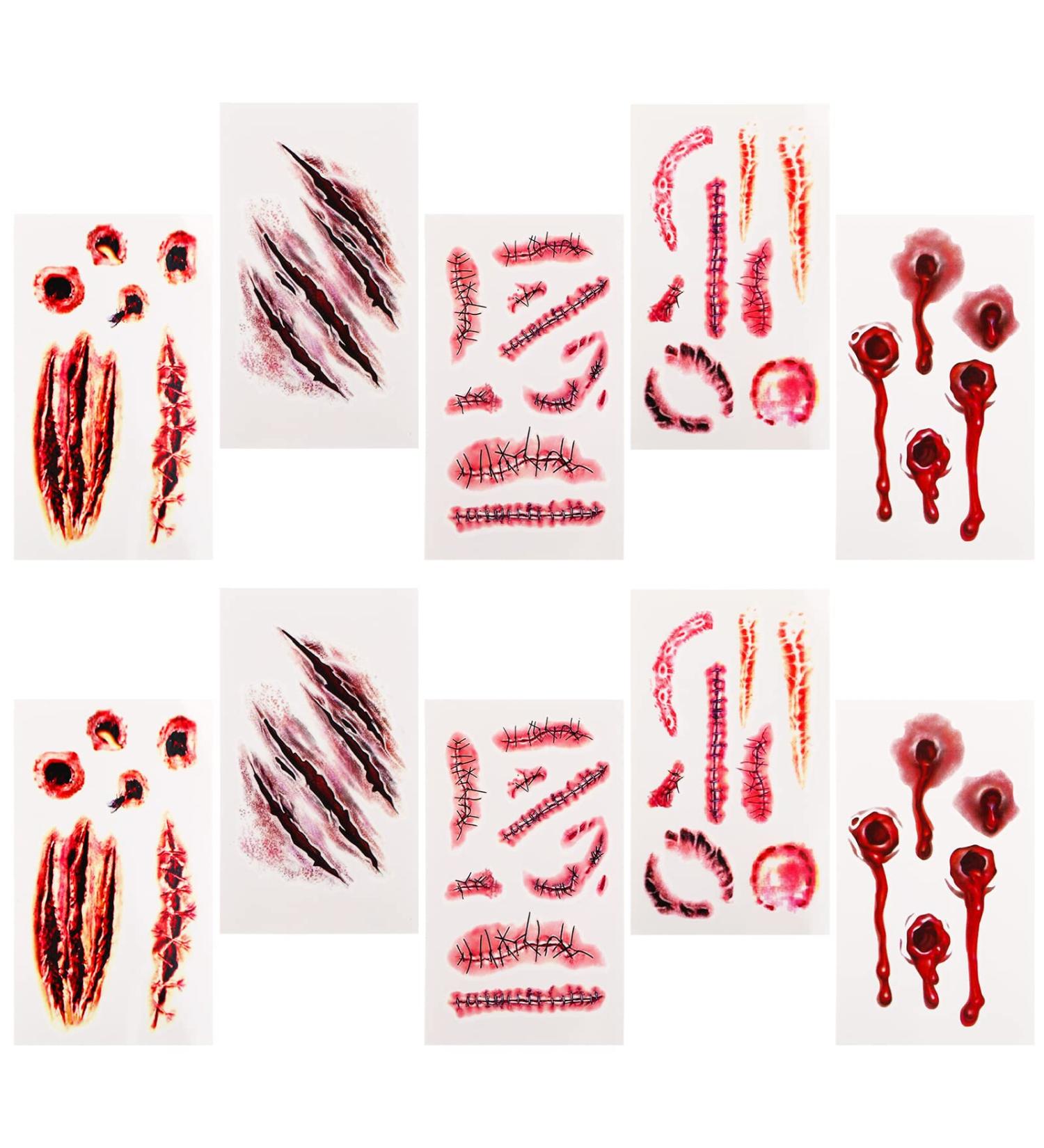 Sibba Fake Blood Temporary Tattoo Body Art Skin Stickers - 10 Pieces Horror Realistic Bloody Wound Stitch Scar Scab Bruise Halloween Cosplay Makeup Kit - 4 Styles - Buy Online on GoSupps.com