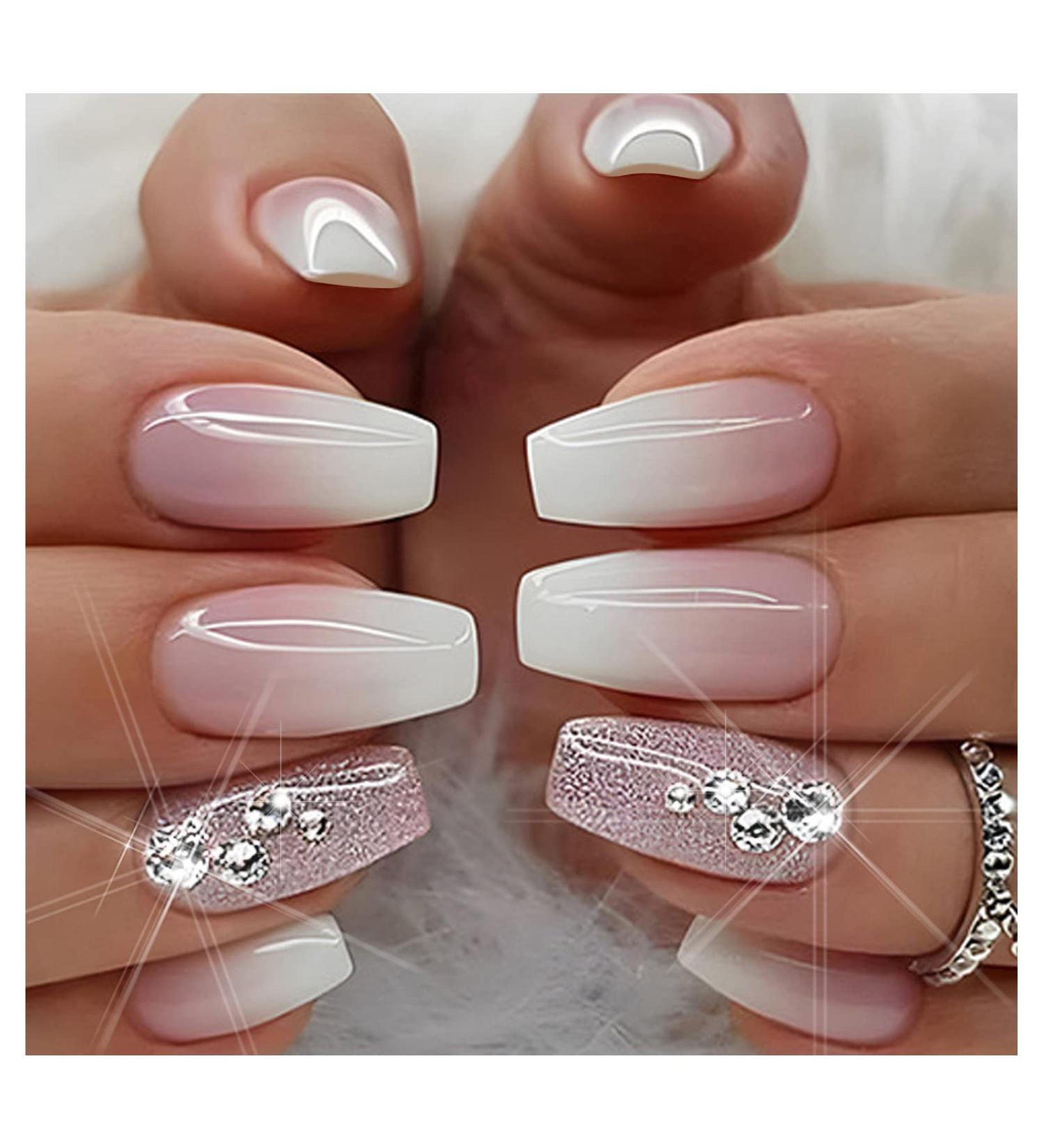 Pink Gradient Rhinestone Press on Nails - 24 Pcs Medium Coffin Shape | Glitter Powder & Rhinestone Designs | False Nails for Women and Girls - Buy Online on GoSupps.com