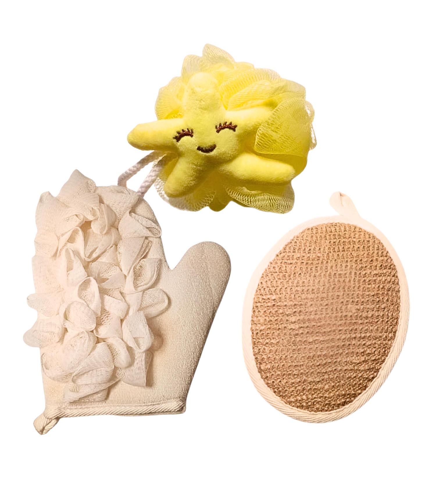 3x Bath Set: Shower Glove Exfoliating Pad and Bath Sponge. Complete Bath Kit for Cleaning and Exfoliating (White / Yellow) White/Yellow