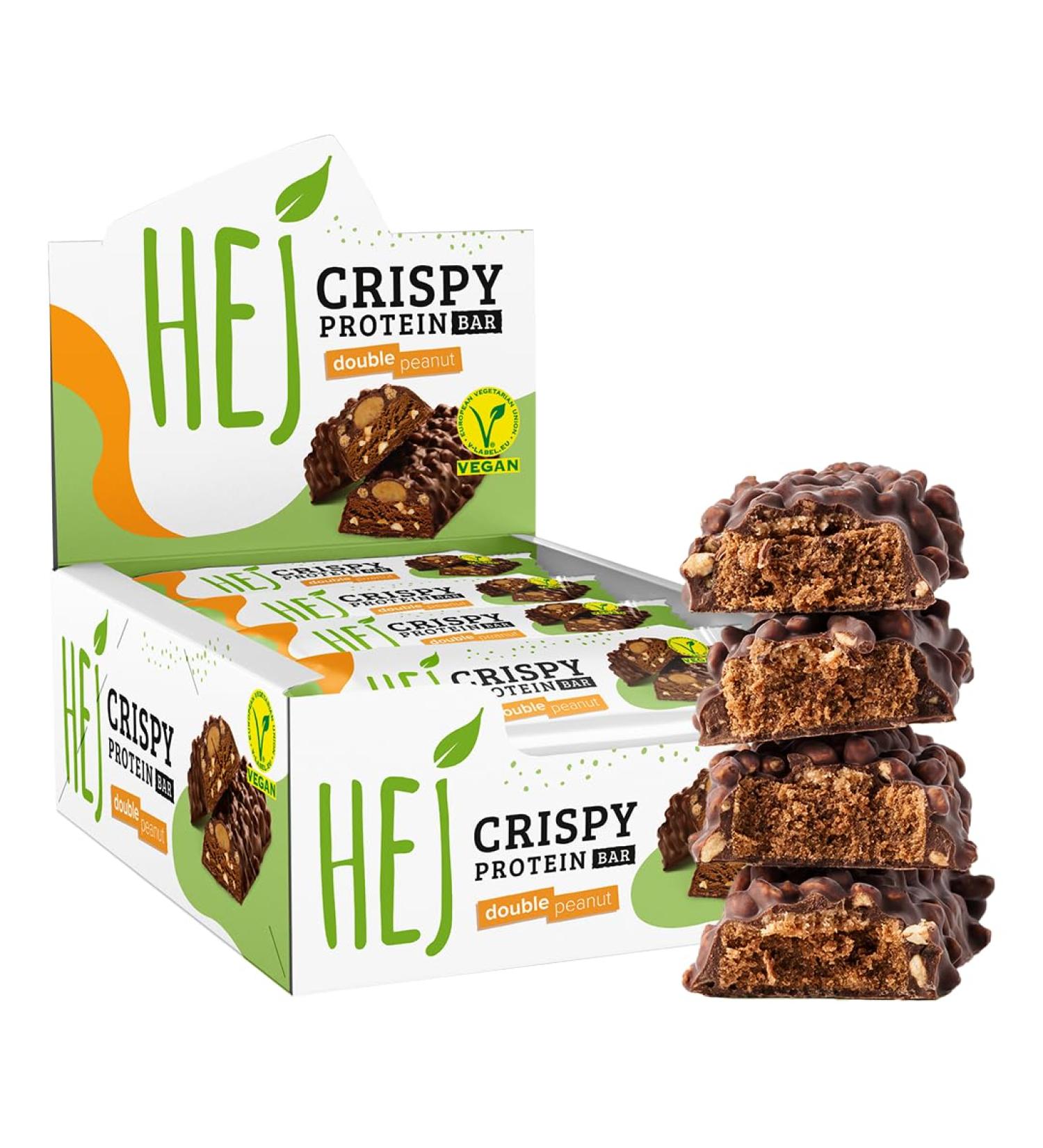 Buy Hej Vegan Crispy Double Peanut Protein Bars | 12 x 45g | Low Sugar High Protein Palm Oil-Free Snack | Only 0.8g Sugar - Buy Online on GoSupps.com