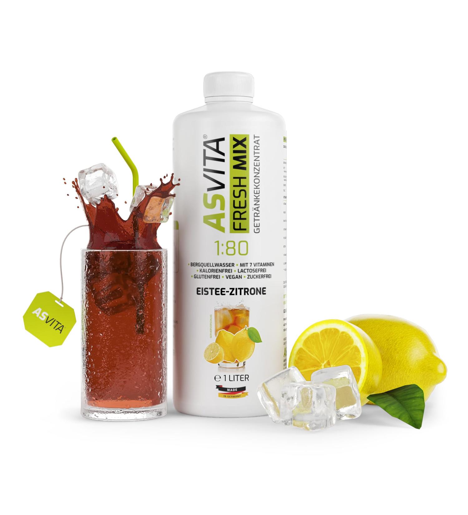 AsVita Sirop sans sucre - ASVita Fresh Mix 1:80 - Bouteille de 1 litre - Sirop de boisson sans sucre - 26 d licieuses saveurs (th glac et citron) Th glac au citron 1 l (Lot de 1) - Buy Online on GoSupps.com