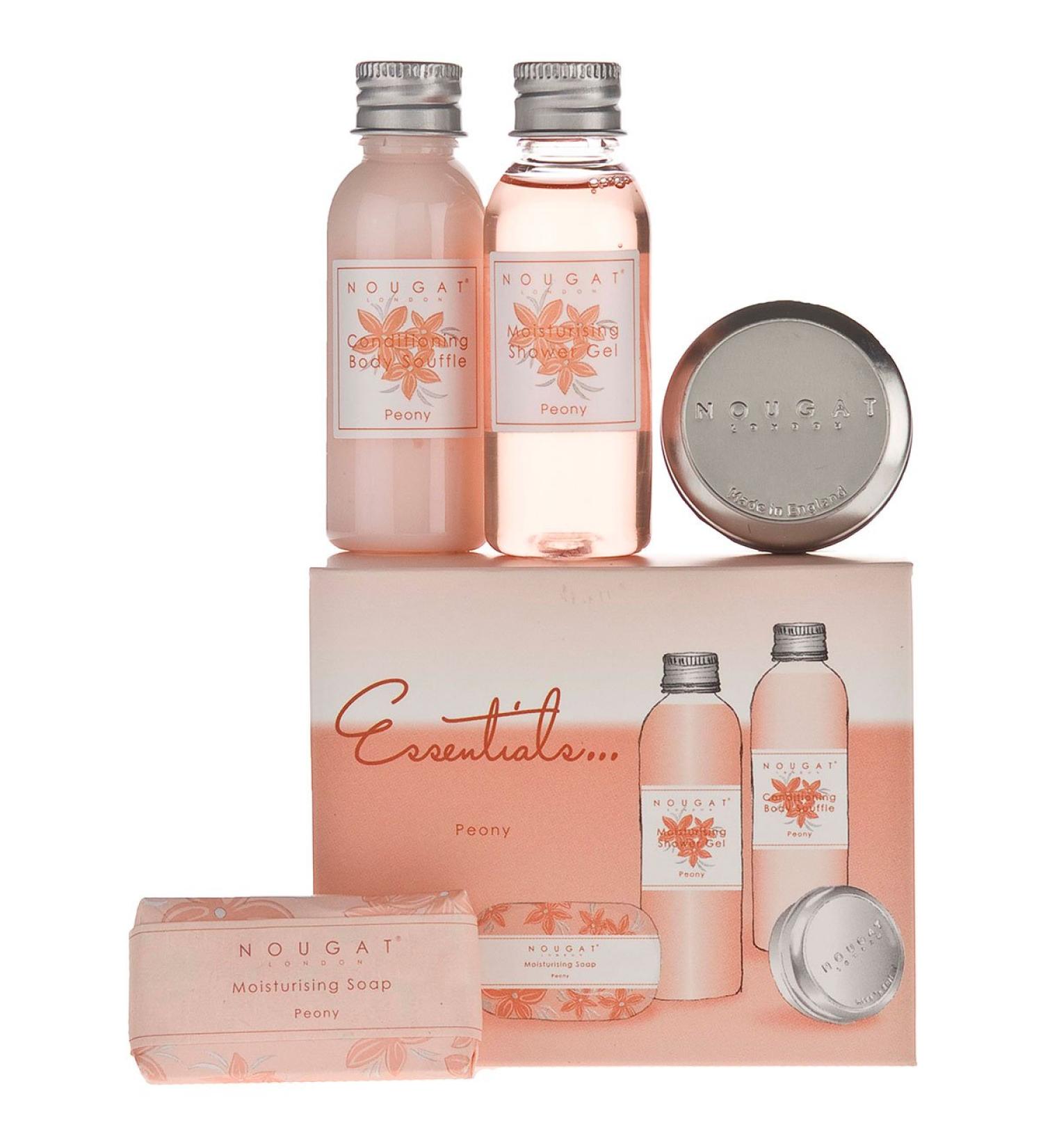 Nougat London Essentials Peony 4 Piece Gift Set: Moisturizing Soap (20g) Moisturizing Shower Gel (30ml) Conditioning Body Souffle (30ml) and Luscious Lip Balm (15g)