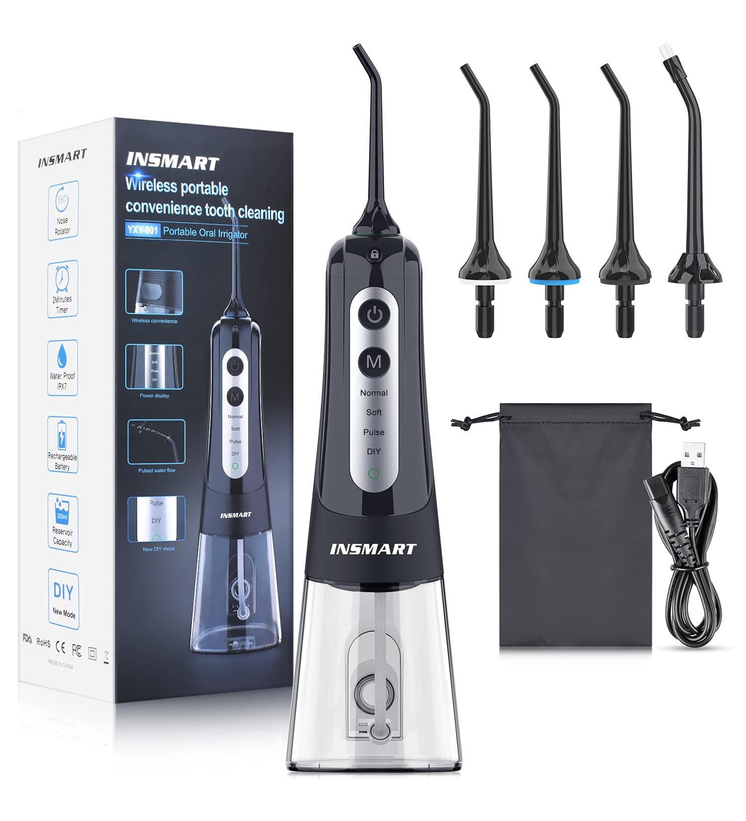 Cordless Water Dental Flosser - INSMART Professional 300ML Tank, USB Rechargeable, 4 Modes, IPX7 Waterproof - Oral Irrigator for Home and Travel - Black - Buy Online on GoSupps.com