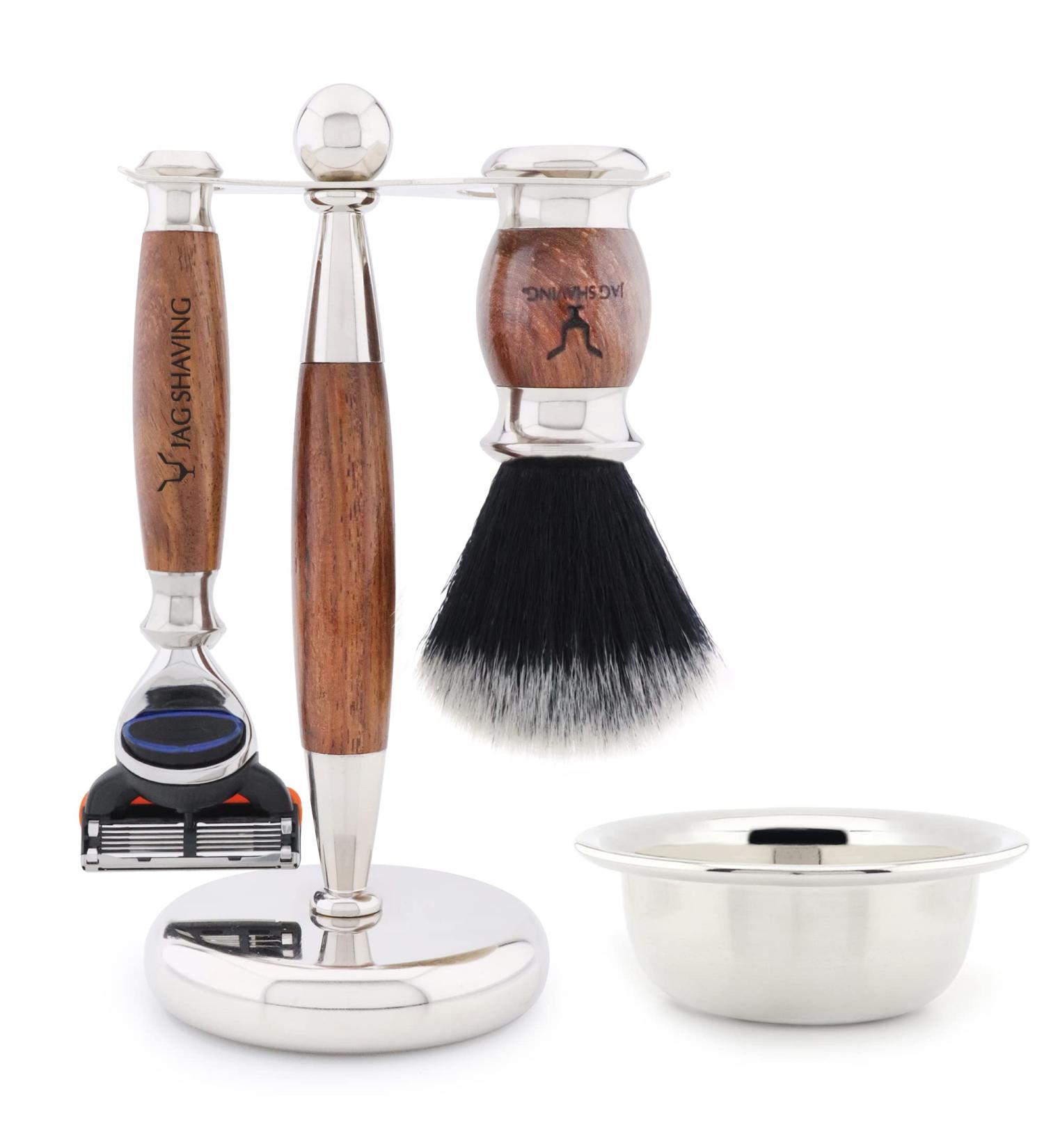 Jag Shaving Razor Set - Premium 4-Part Shaving Set with Black Synthetic Hair Brush Stainless Steel & Wood Rack Shaving Bowl | International Shipping Available - Buy Online on GoSupps.com