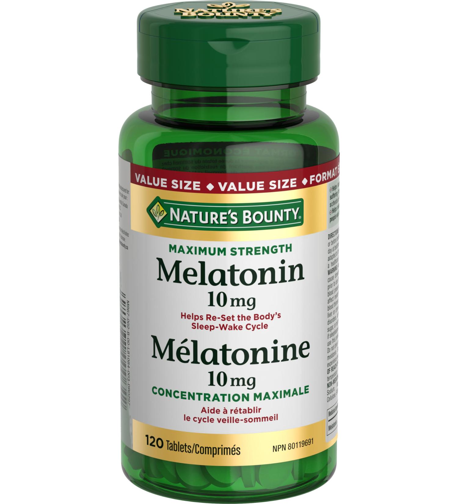 Nature's Bounty Melatonin 10mg 120 Count Value Size Helps Reset Body's Sleep-Wake Cycle Reduce Effects of Jet-lag Reduce Time it Takes to Get to Sleep - Buy Online on GoSupps.com