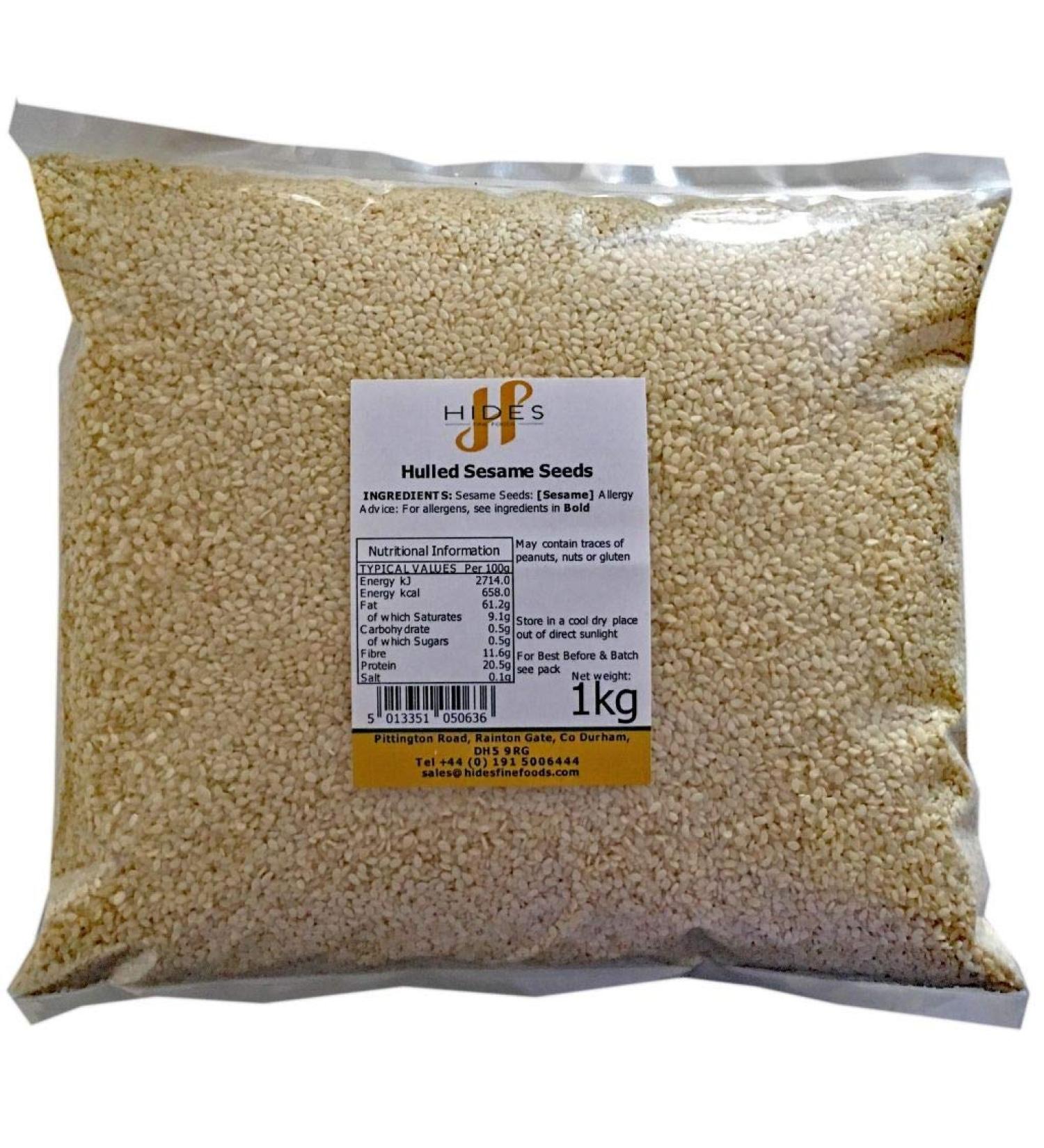 Hides Fine Foods - Hulled Sesame Seeds 1kg - GMO Free - Suitable for Vegetarians - Cooking - Tahini - Toasting - Asian Cooking - Baking - Sesame Bars - Brittle - Buy Online on GoSupps.com