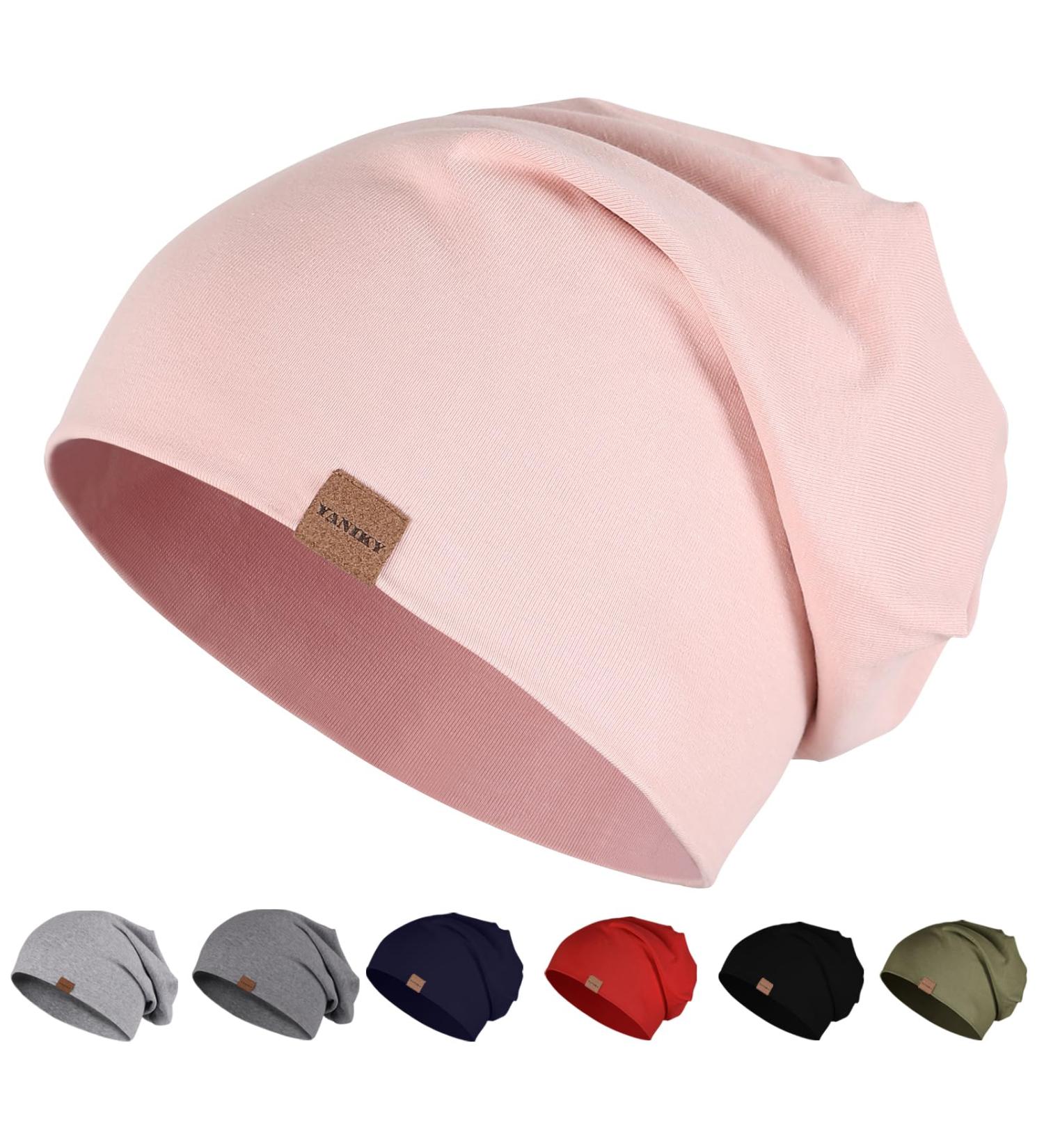 Yaniky Cotton Slouch Beanie Hat for Men & Women - Soft Thin Windproof Chemo Hat in Pink | All-Season Jersey Long Beanie - Buy Online on GoSupps.com