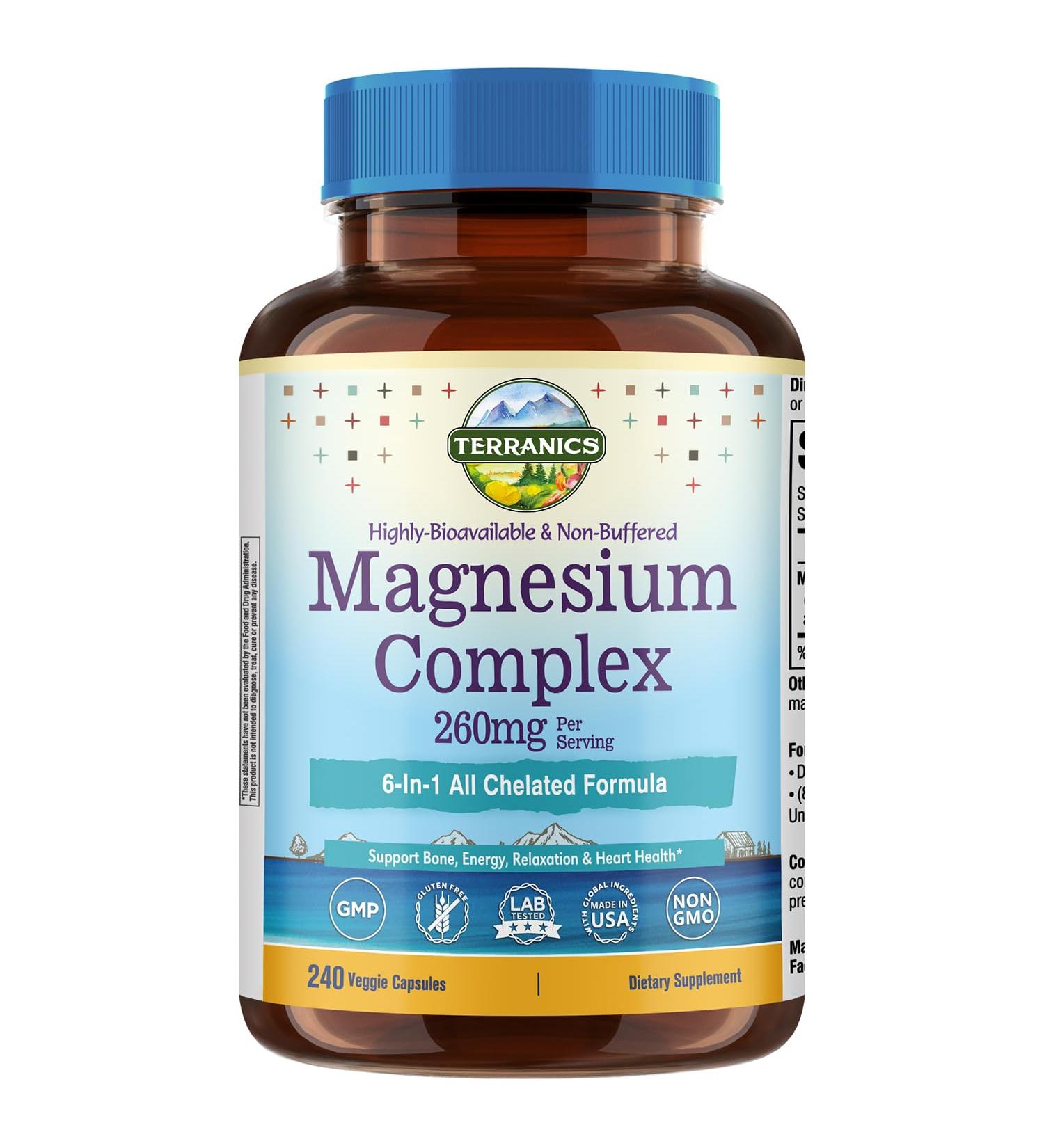 Terranics Magnesium Complex 6-in-1 High Absorption Glycinate Citrate Aspartate Gluconate Calmness Heart Bone 240 Capsules Non-Buffered - Buy Online on GoSupps.com