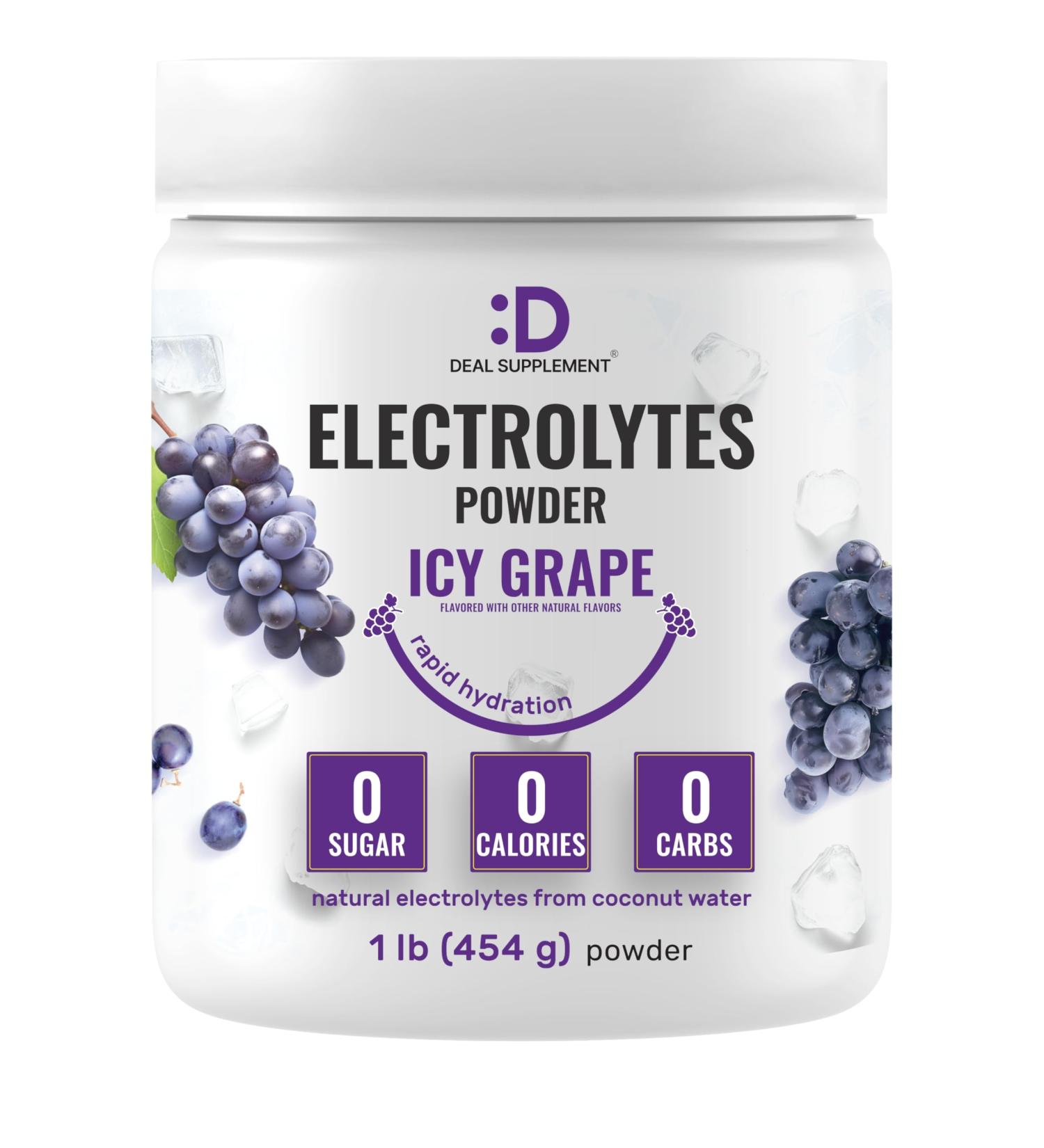 Electrolytes Powder 1lb (69 Servings) No Sugar Low Sodium ICY Grape Flavor Rapid Hydration Supplement Drink Mix High Potassium 1 000mg with Natural Coconut Water Magnesium & Vitamin C* - Buy Online on GoSupps.com