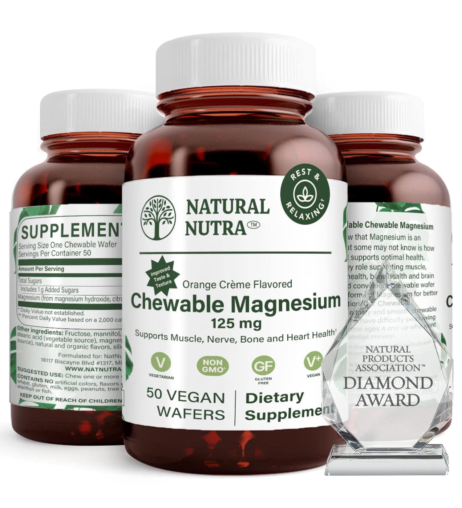 Natural Nutra Chewable Magnesium Supplement with Citrate and Chelate - 125mg 50 Vegan Wafers for Muscle, Nerve, Bone, and Heart Health - Buy Online on GoSupps.com
