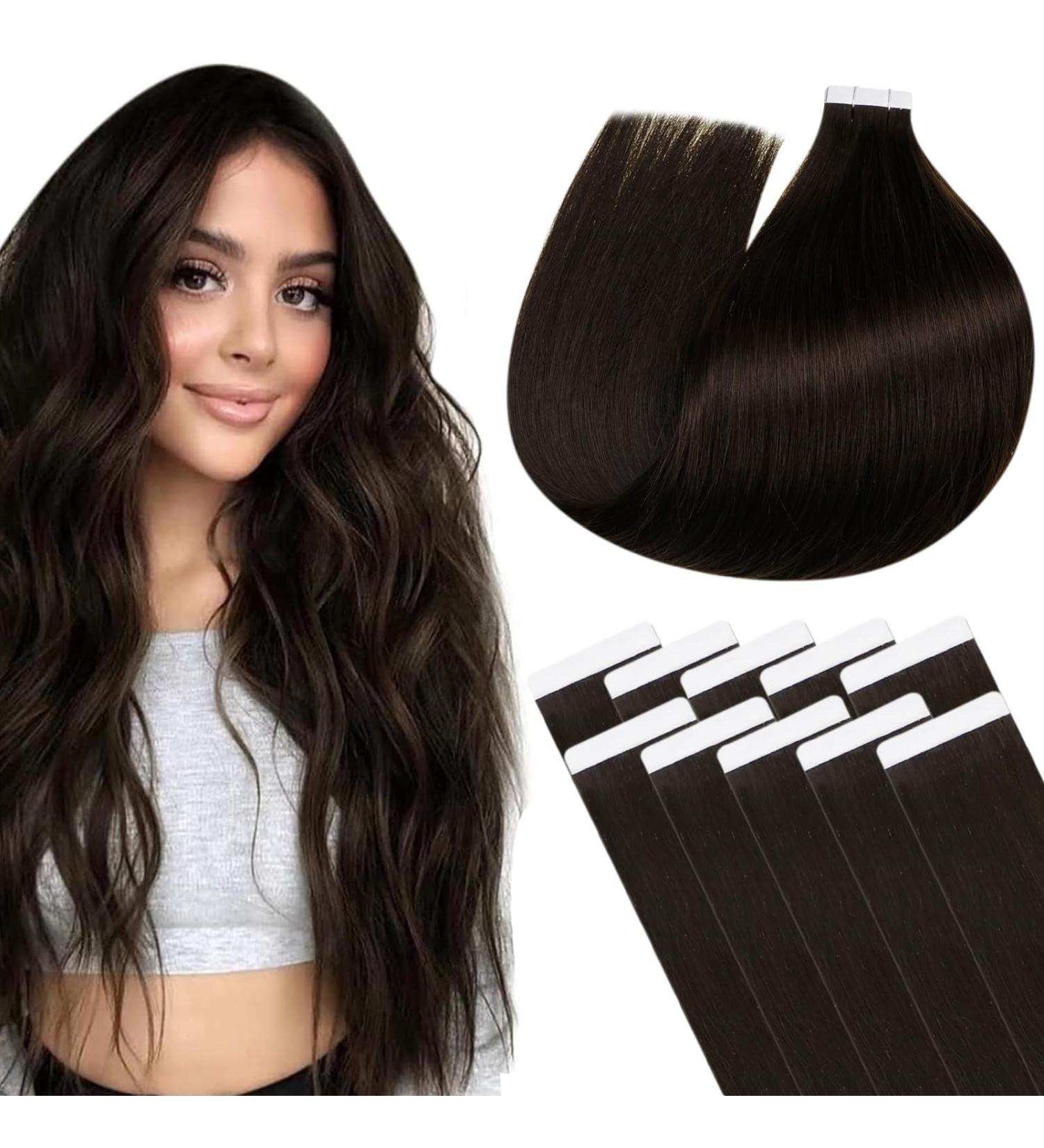 LAAVOO Seamless Real Hair Extensions - Dark Brown 35cm Tape-In 25g 10 Pcs | Remy Human Hair Skin Weft - Buy Online on GoSupps.com