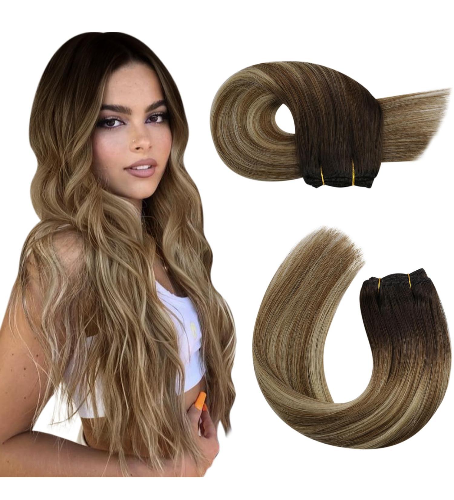Moresoo Human Hair Weft Extensions Brown Root Ombre to Light Brown with Blonde - 16 Double Weft 100g #3/8/22 - Buy Online on GoSupps.com