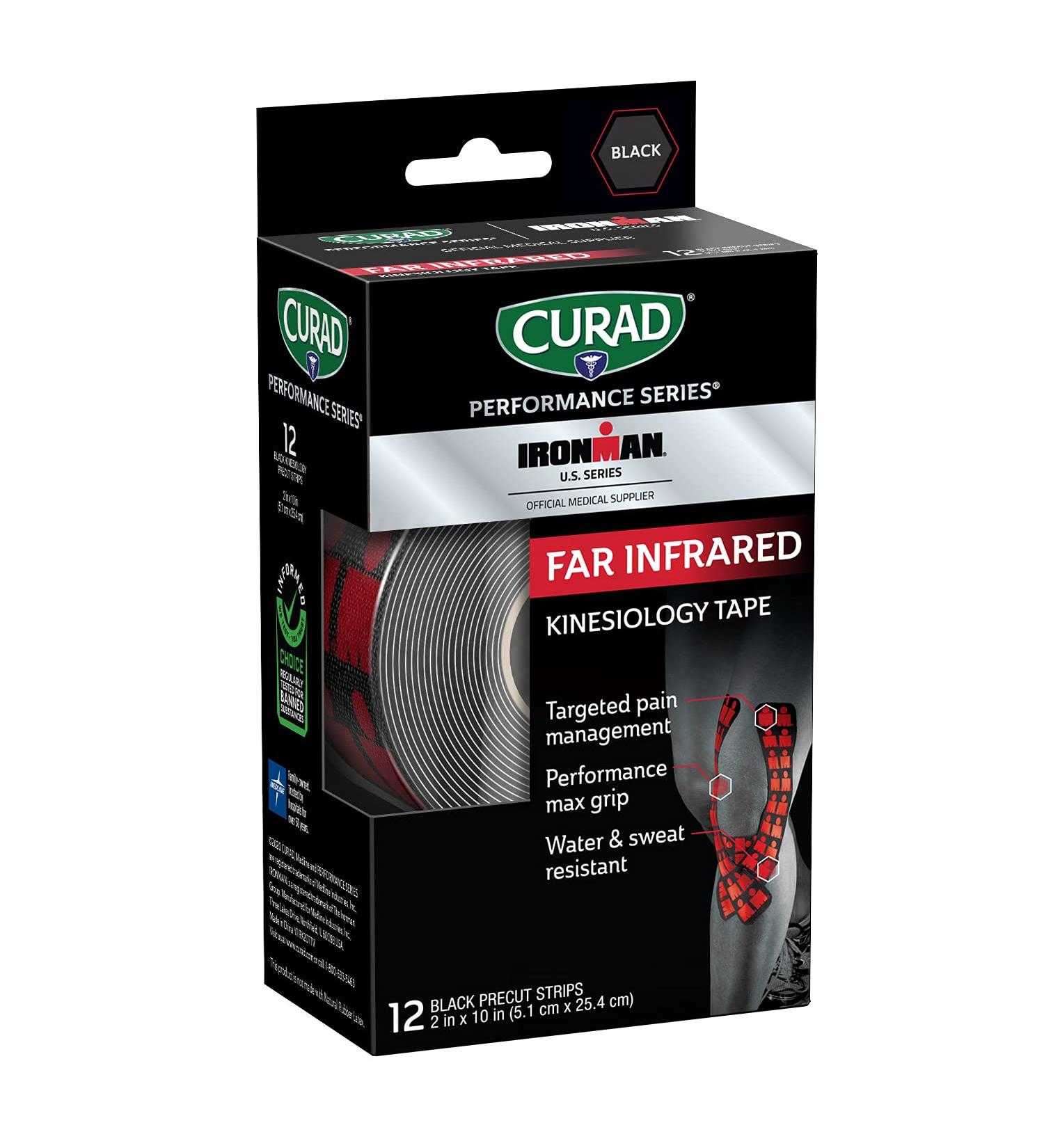Curad Performance Series Ironman Far Infrared Kinesiology Tape - Black 2 x 10 Strips, 12 Count with Logo - Buy Online on GoSupps.com