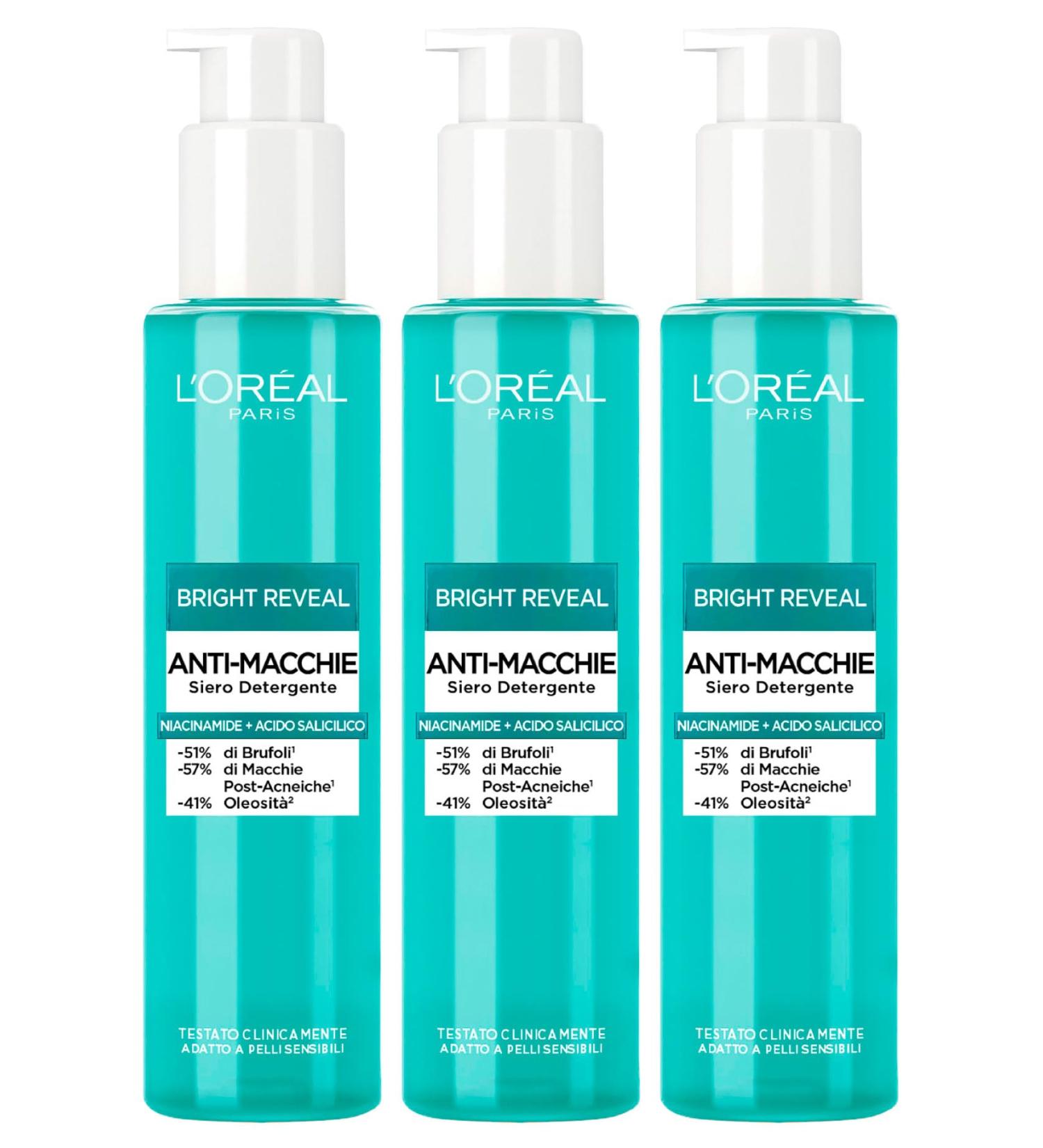 L'Oreal Paris L'Or al Paris Bright Reveal Cleansing Face Serum Anti-Imperfection Anti-Dark Spot Reduces Blemishes Illuminating Action Exfoliating with Niacinamide and Salicylic Acid - 3 x 150ml Bottles
