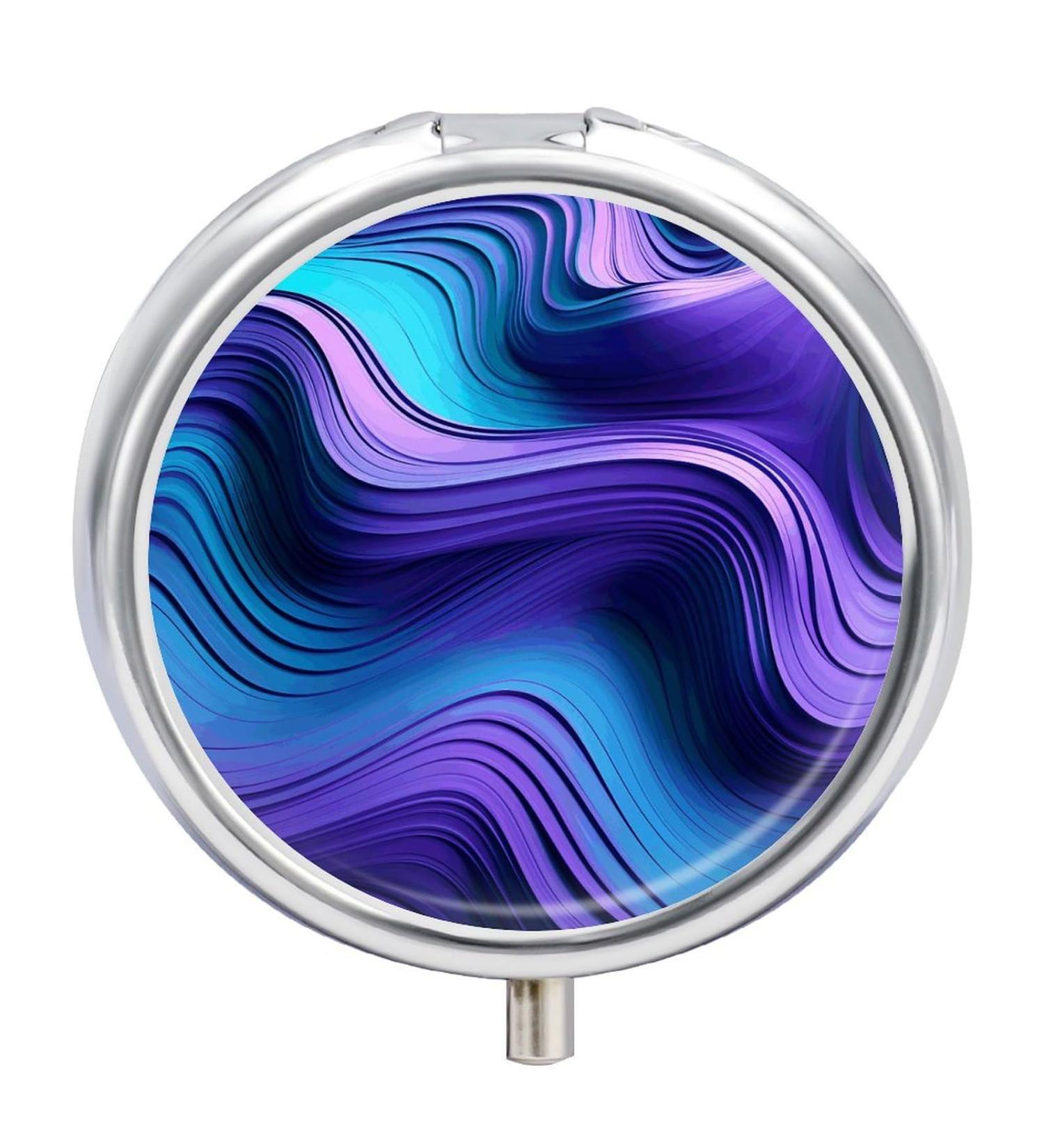 Round Pill Box - Wavy Purple Print | 3 Compartment Portable Medicine Organizer | Decorative Metal Pocket Pill Case - Buy Online on GoSupps.com