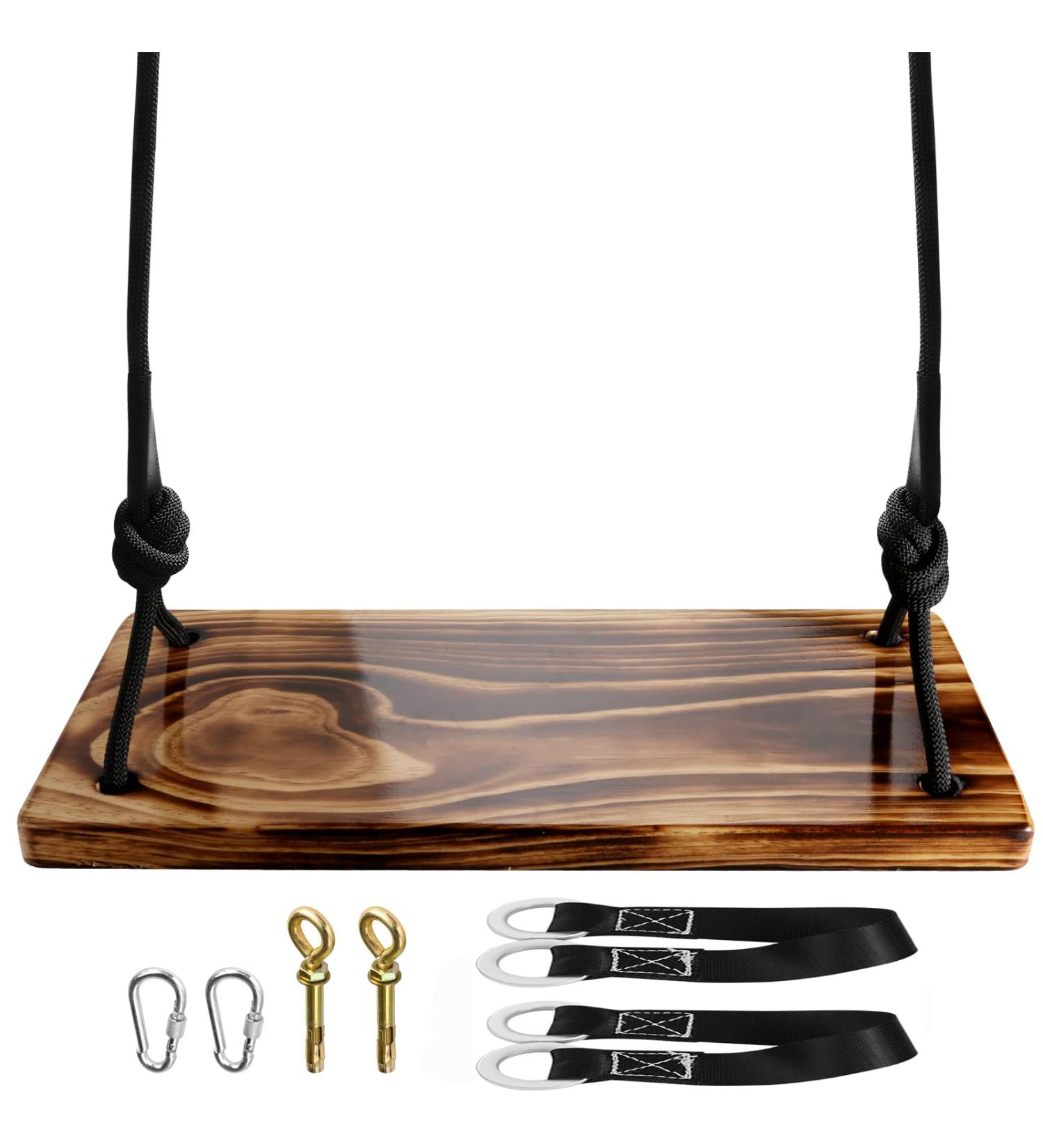 Carbonized Wooden Tree Swing Seat with Adjustable Rope - 440lbs Load Capacity for Adults & Kids - Indoor Outdoor Garden Backyard - 17.7x7.9x1.0 inch - Buy Online on GoSupps.com