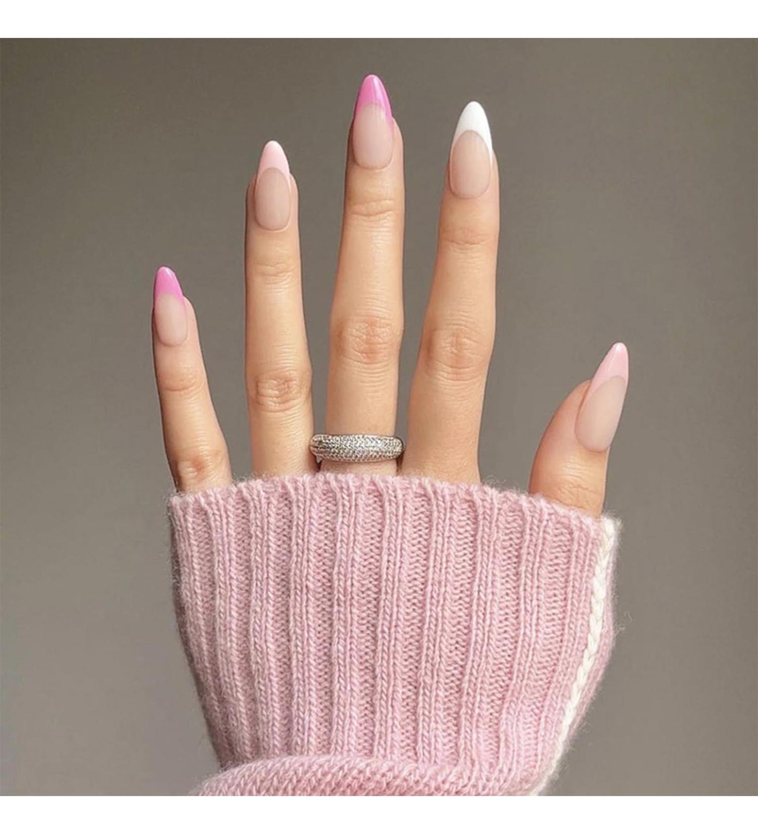 24PCS Press on Nails - Full Cover Long False Nails - French Tip False Nails Fake Nails Short with Glue - Reusable Stick on Nails Tips Nails Easy to Use (Pink White Almond) - Buy Online on GoSupps.com