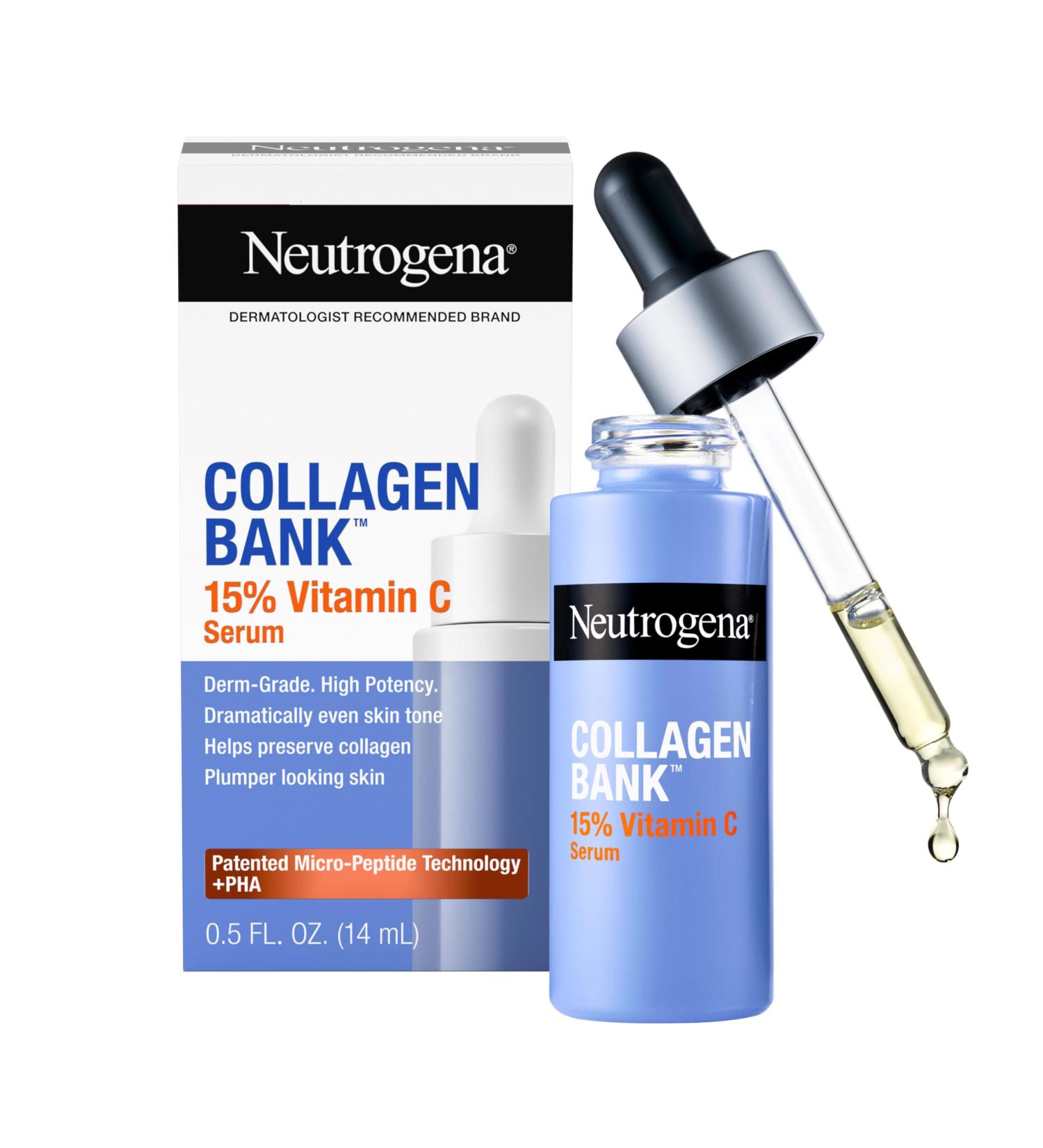 Neutrogena Collagen Bank 15% Vitamin C Face Serum Vitamin C Serum for Face Helps Build Collagen for Glowing Plumper Looking Skin Uneven Skin Tone Treatment Fragrance Free 0.5 fl. oz - Buy Online on GoSupps.com