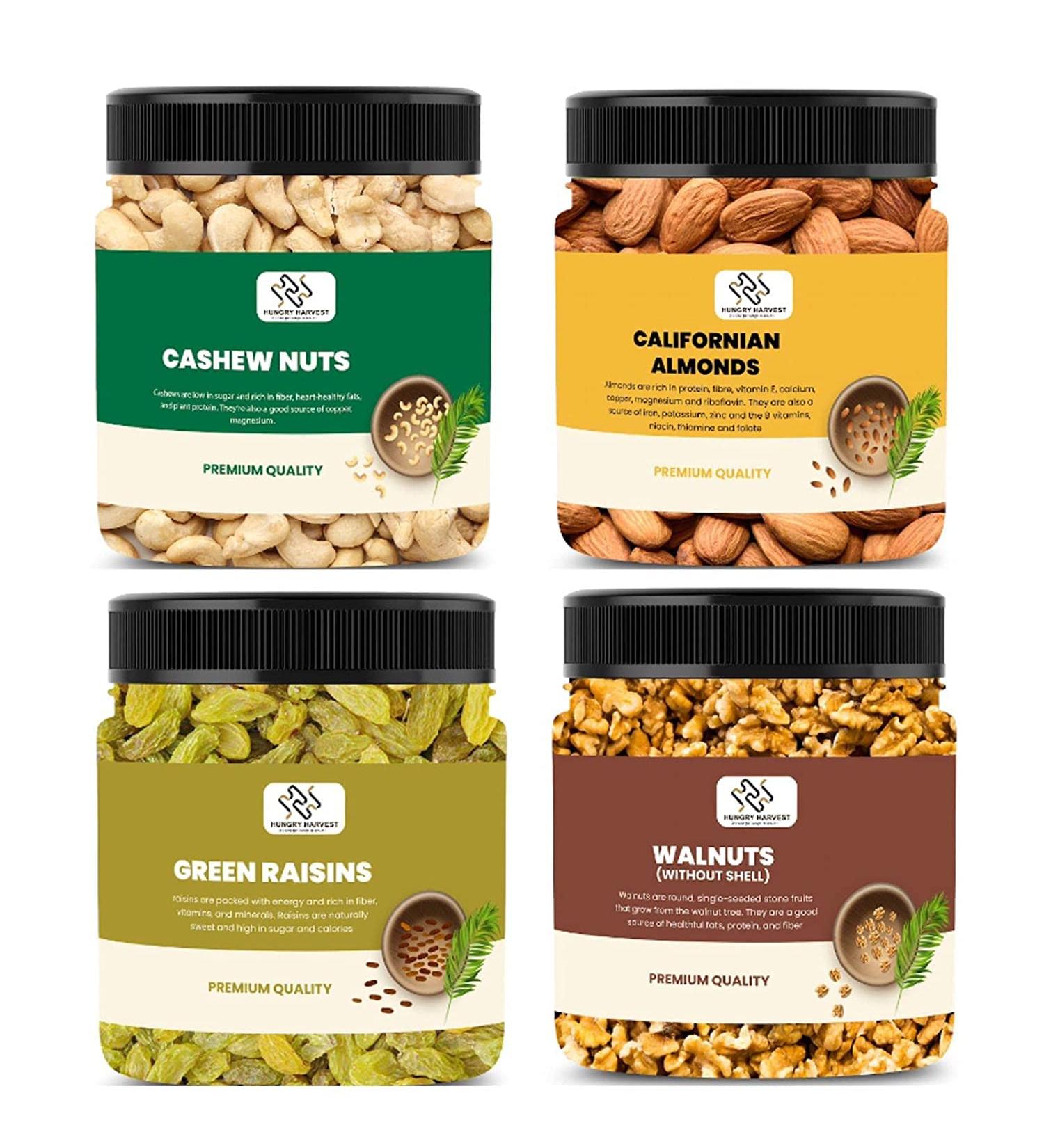 Hungry Harvest Combo Pack of Cashew Nut California Almonds Green Raisins and Walnuts Giri Dry Fruits 250 gms Each Total 1 kg_Packing May Vary