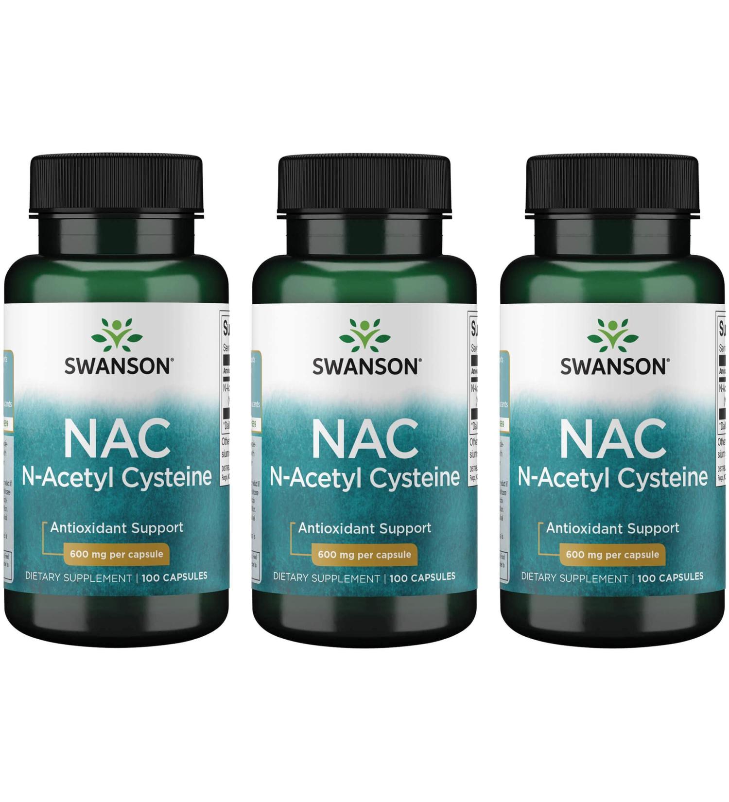 Swanson NAC N-Acetyl Cysteine 600mg 100 Capsules - 3 Pack - Antioxidant & Anti-Aging Liver & Respiratory Support - Buy Online on GoSupps.com