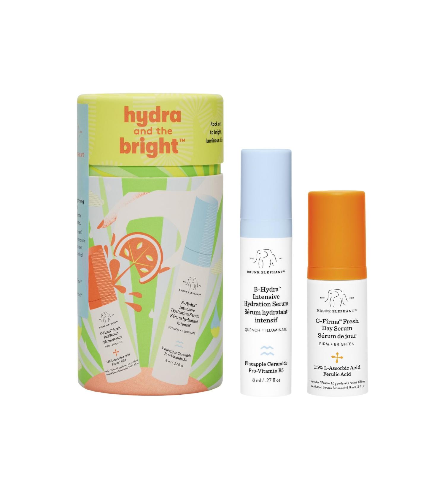 Drunk Elephant Hydra and the Bright - Includes C-Firma (9 ml) and B-Hydra (8 ml) - Clean Clinical Skincare - Cruelty-Free - Dermatologist-Tested - Free of Essential Oils Silicones and Fragrance - Buy Online on GoSupps.com