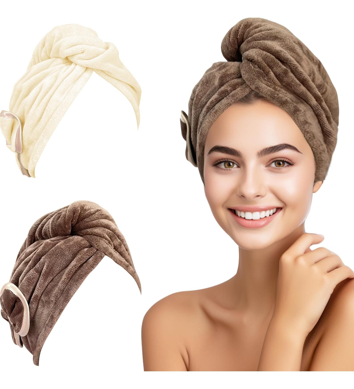 Jseng Microfiber Hair Towel Wrap for Women - Fast Drying Turbans with Cute Bowtie | 2 Packs for Curly Long Wet Hair - Cream & Brown - Buy Online on GoSupps.com