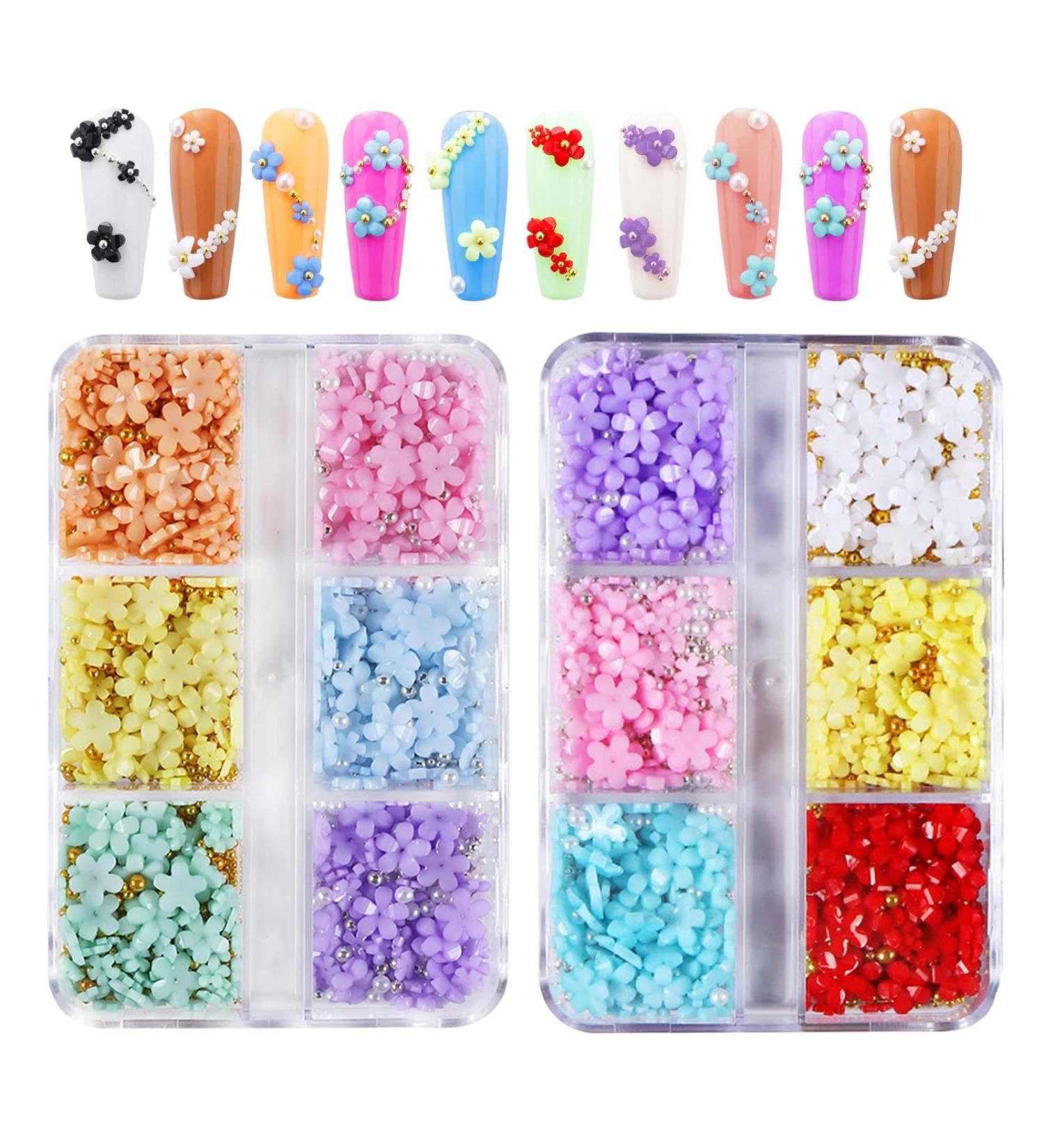 3D Colorful Flower Nail Charms - 2 Boxes, 6 Grids, Rhinestone, Pearl, Gold & Silver Beads - DIY Nail Decor for Cherry Blossom Art - Buy Online on GoSupps.com