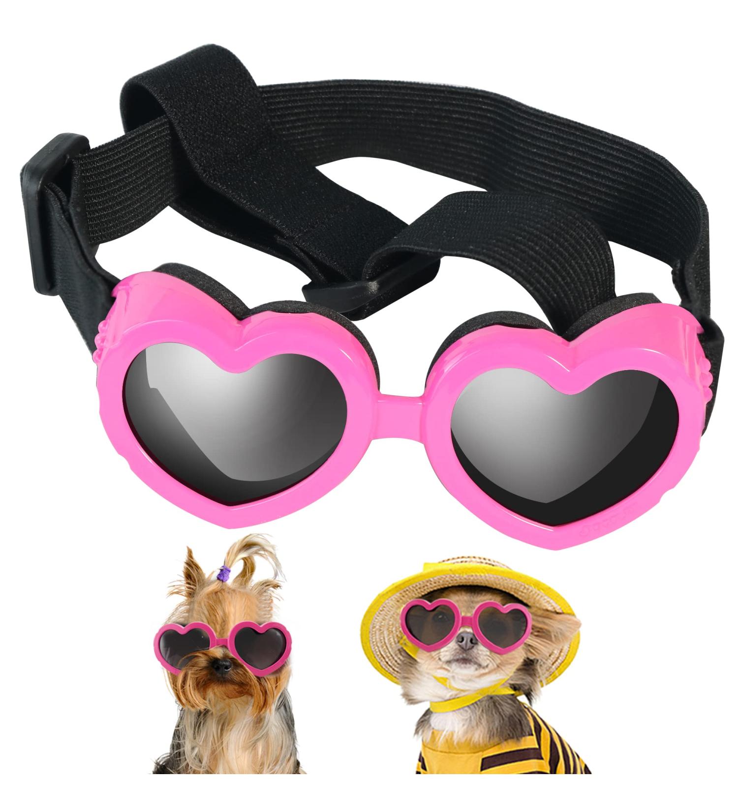 Small Breed Dog Sunglasses | UV Protection Heart Dog Goggles | Adjustable Strap | Waterproof & Windproof | Anti-Fog | Puppy Beach Accessories (Pink) - Buy Online on GoSupps.com