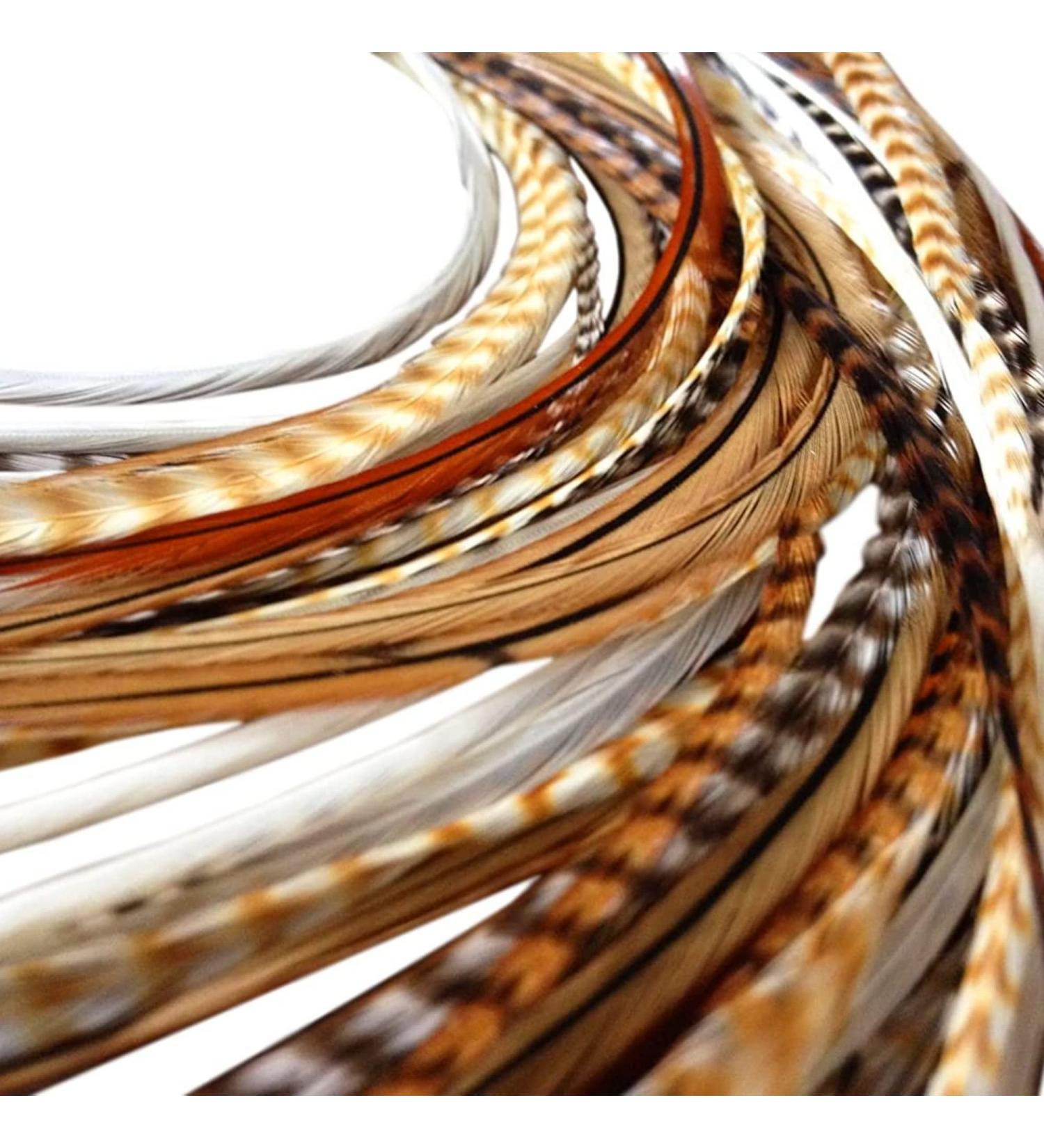 Premium Rooster Feather Hair Extension Kit - Natural Brown & Black/White Grizzly Colors - 20 Individual Extensions - Salon Grade - Includes Beads & Loop Tool - Buy Online on GoSupps.com